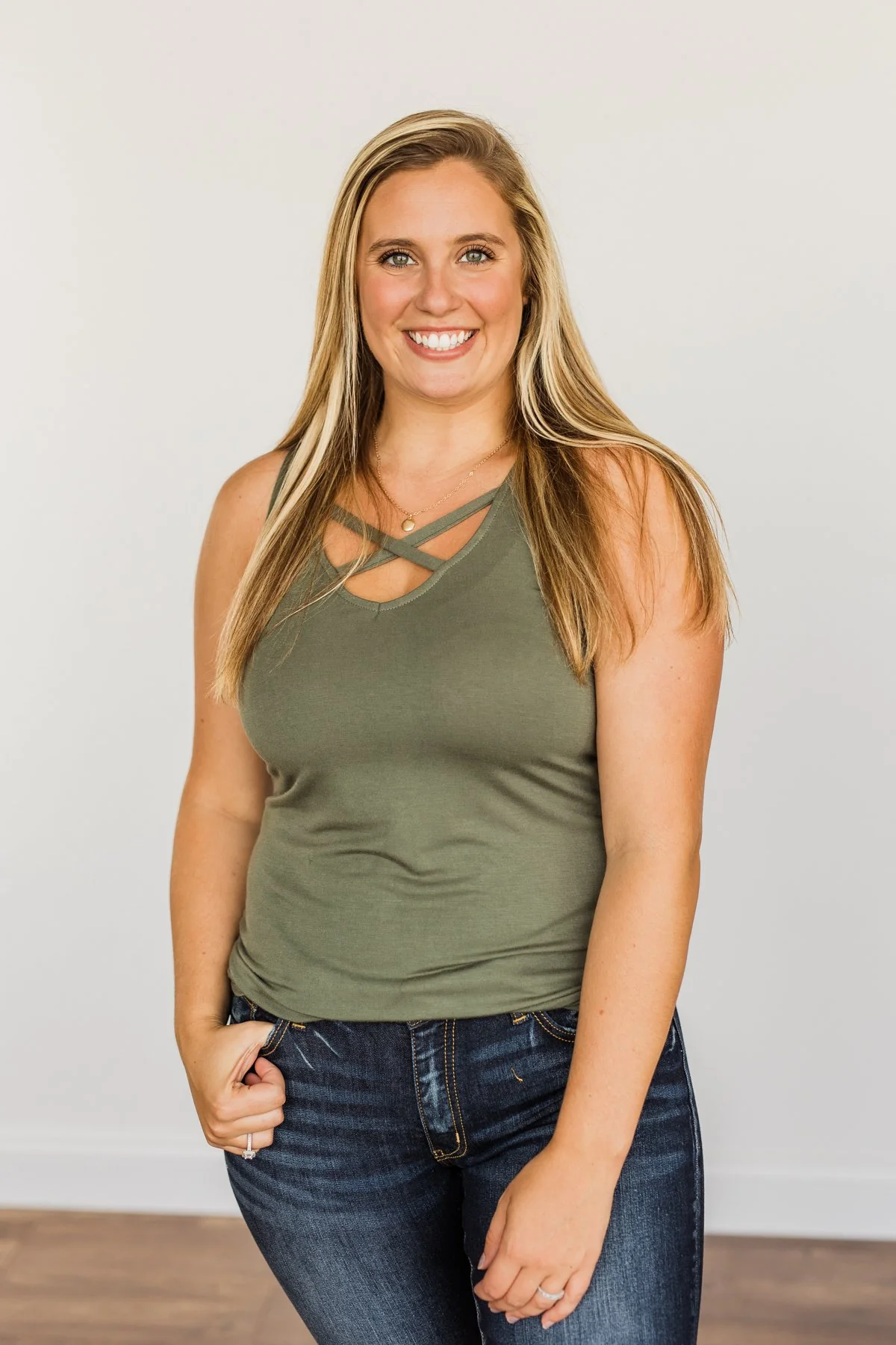 Places to Go Criss-Cross Tank Top- Army Green - Image 2
