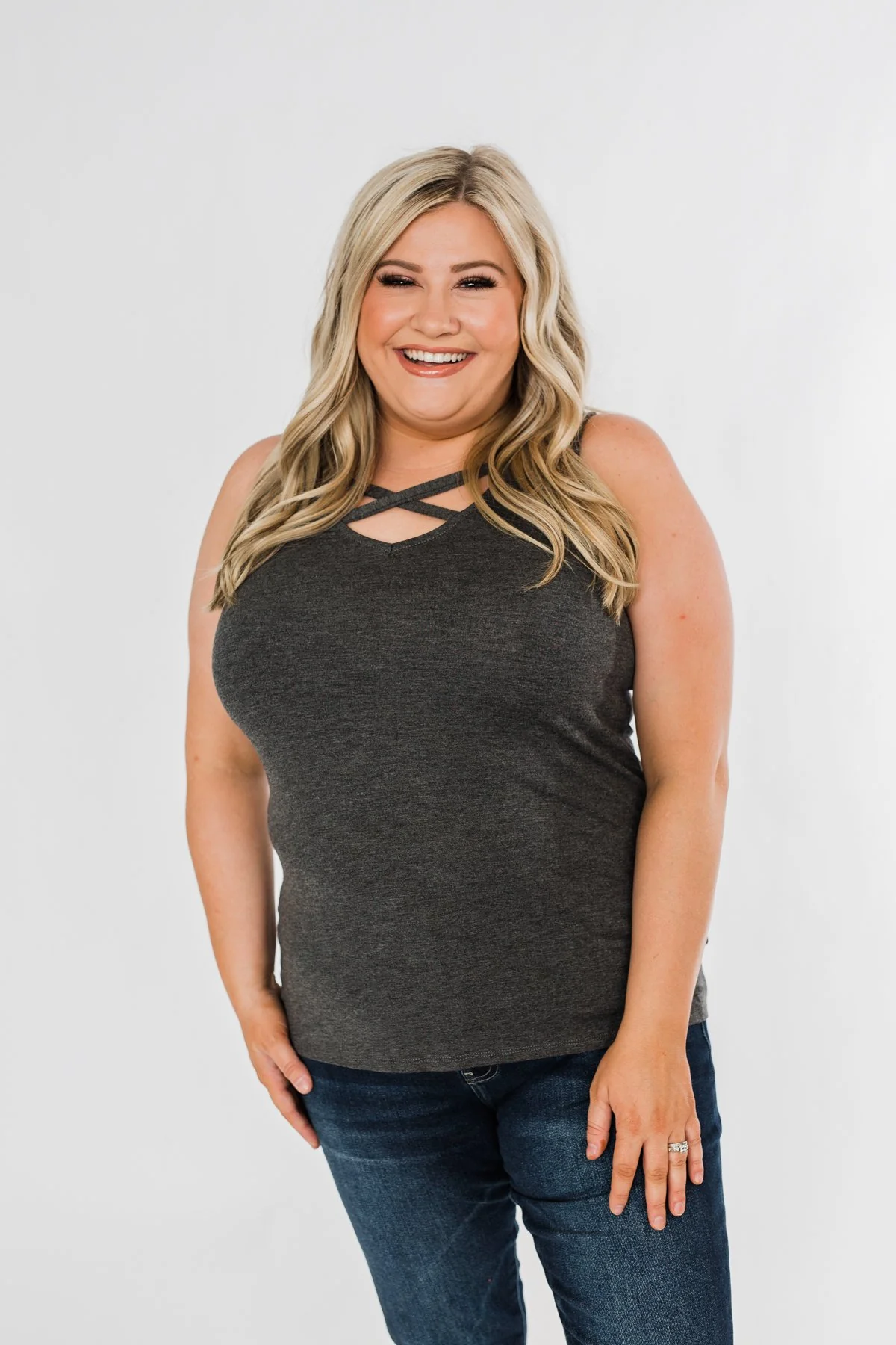 Places to Go Criss Cross Tank Top- Charcoal - Image 4