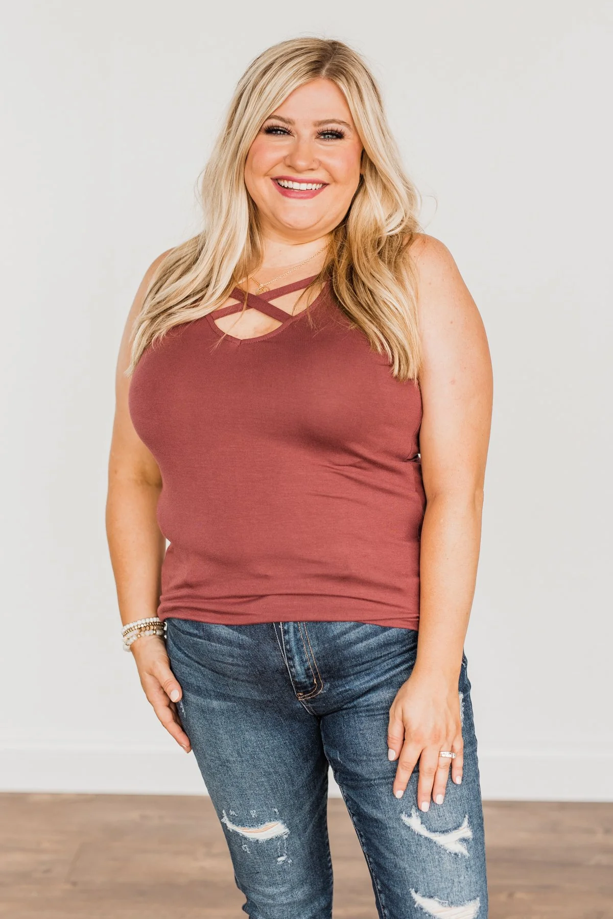 Places To Go Criss-Cross Tank Top- Marsala - Image 2