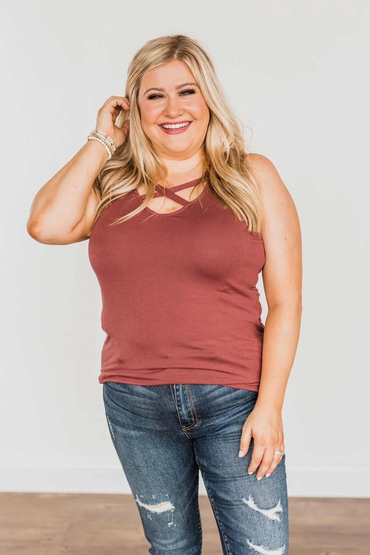 Places To Go Criss-Cross Tank Top- Marsala - Image 4