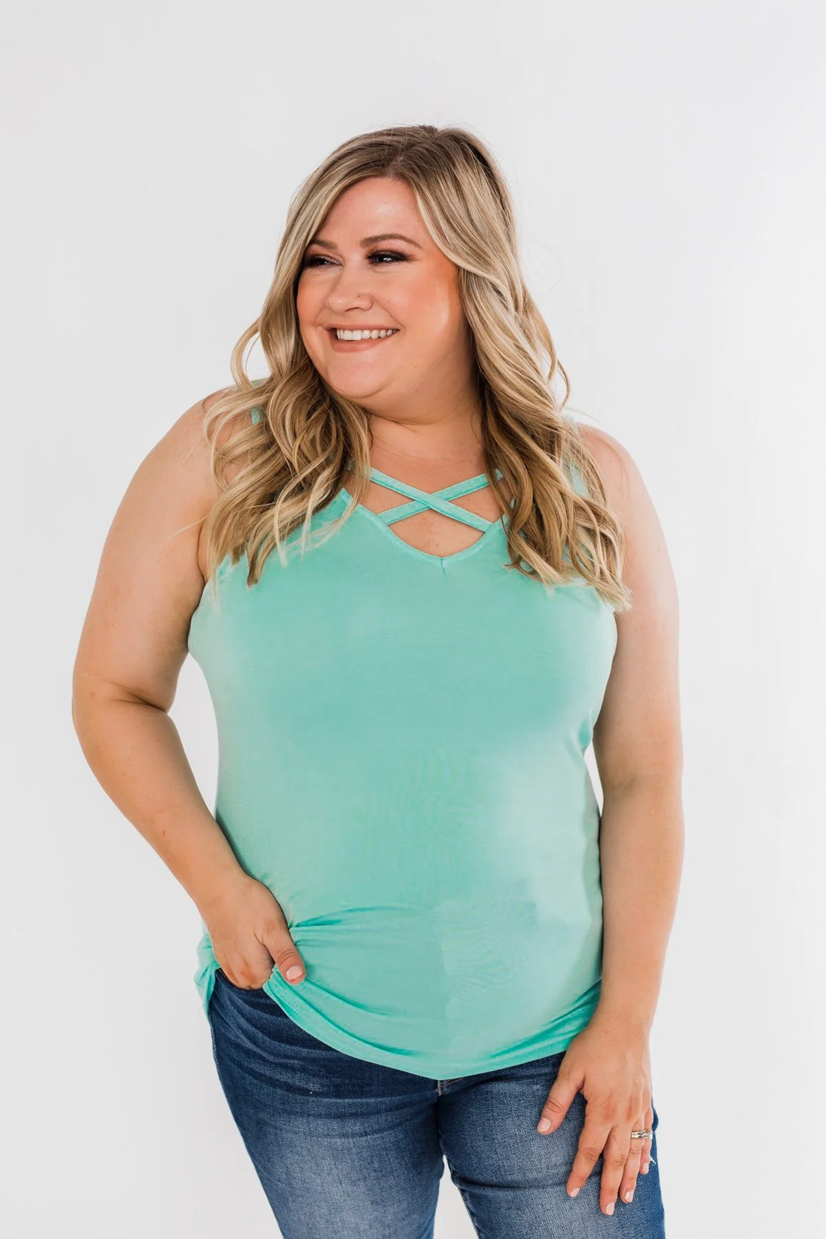 Places To Go Criss Cross Tank Top- Mint Blue - Image 2