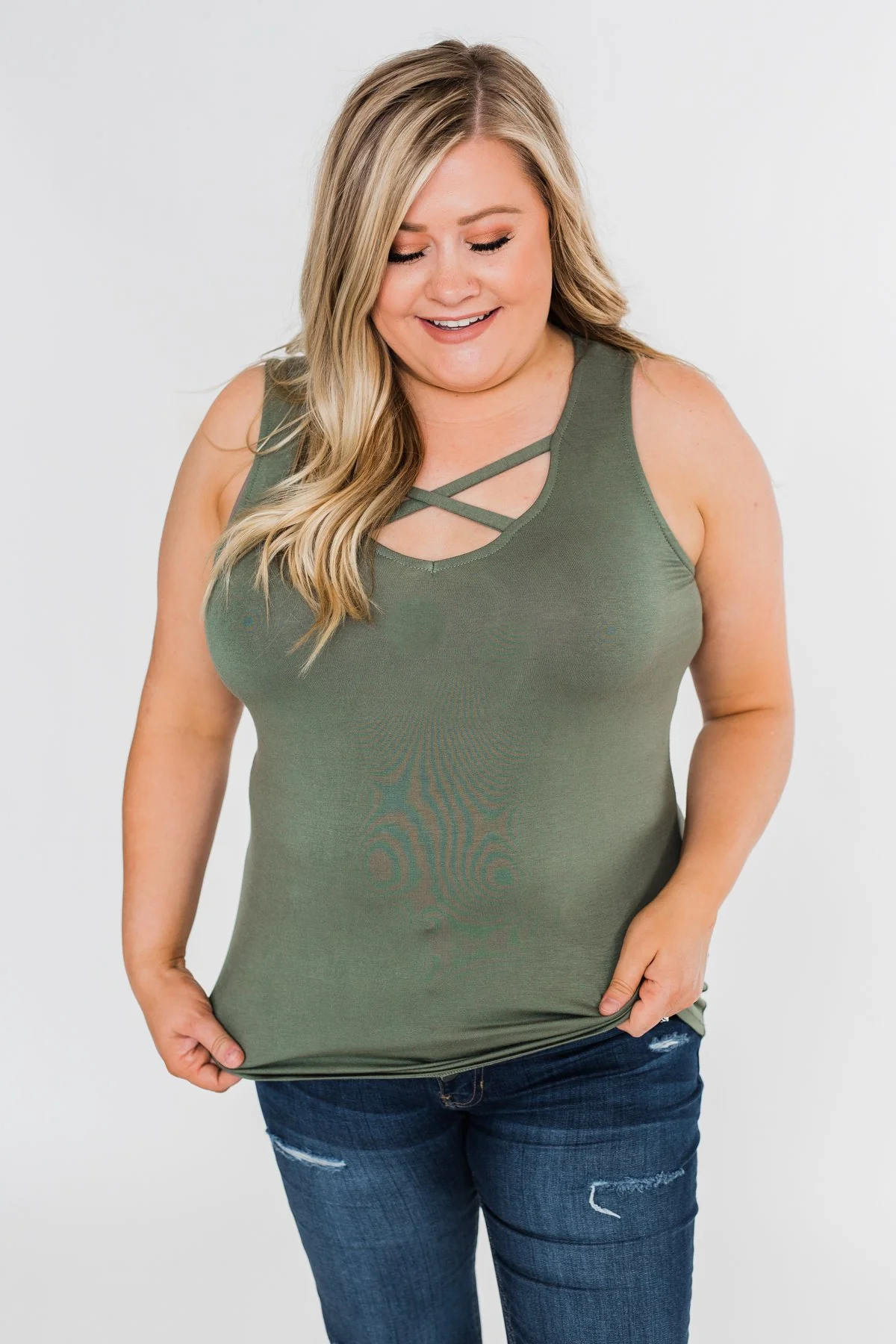 Places to Go Criss Cross Tank Top- Olive - Image 12