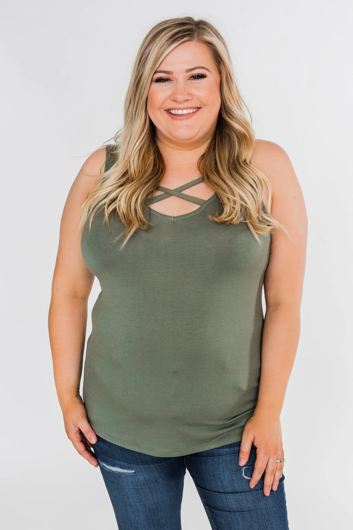 Places to Go Criss Cross Tank Top- Olive - Image 8