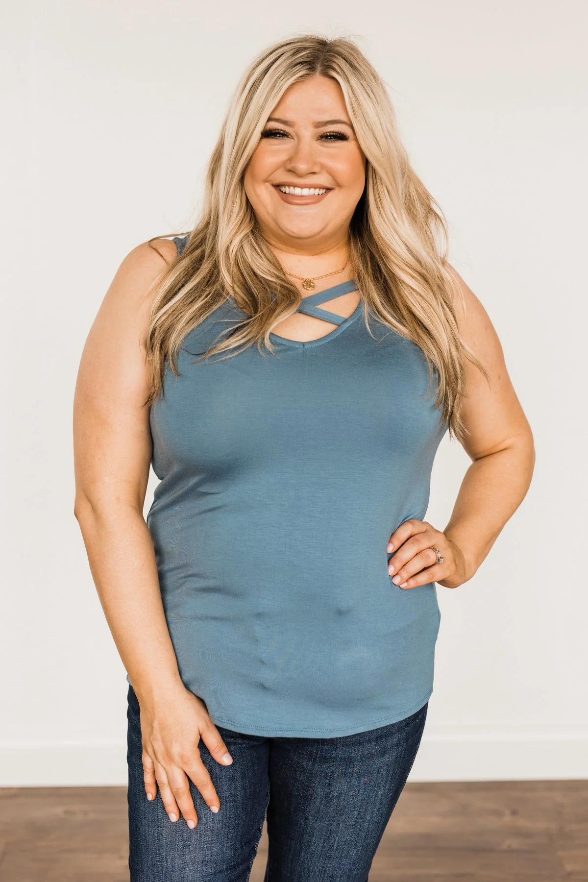 Places to Go Criss-Cross Tank Top- Steel Blue - Image 5