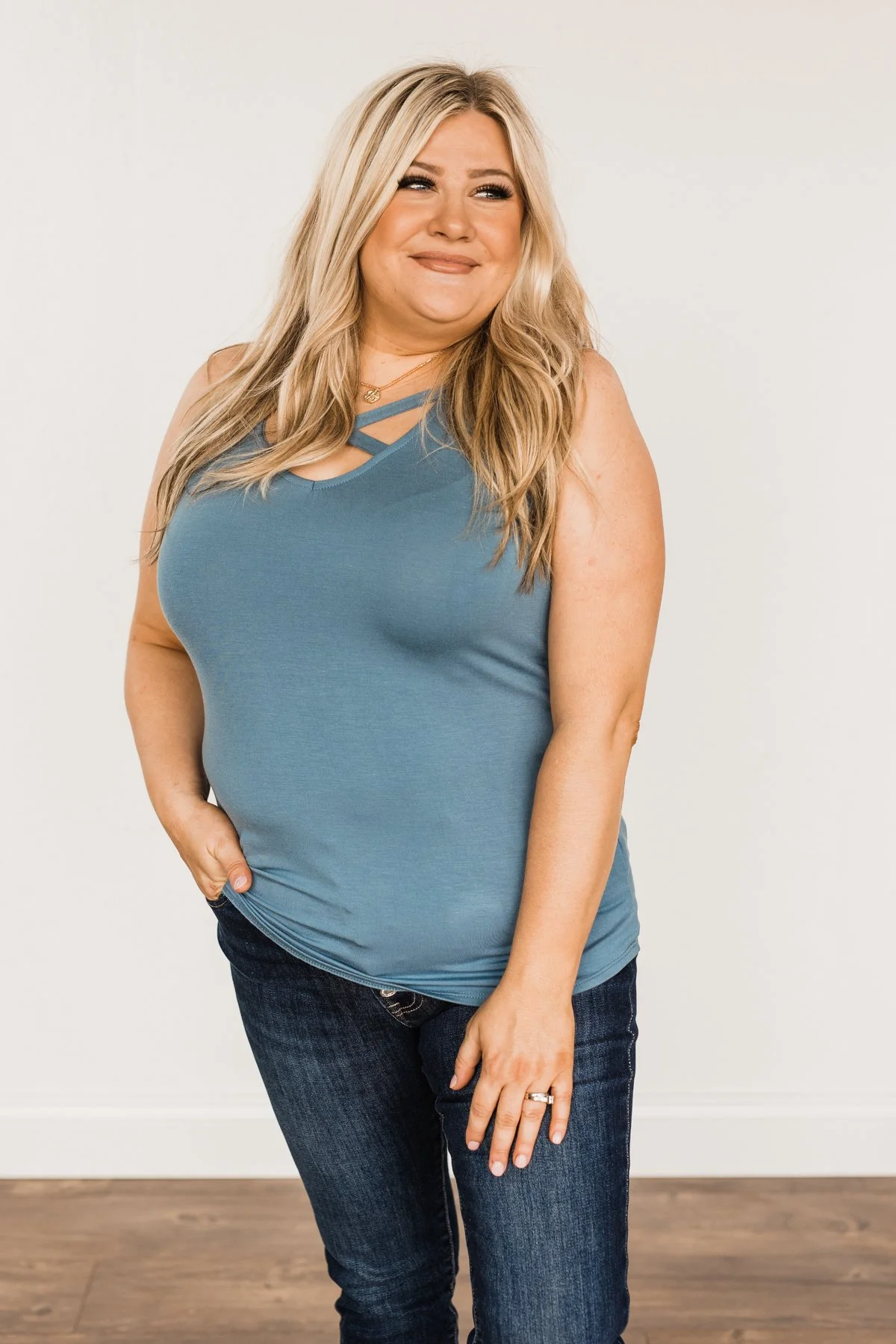 Places to Go Criss-Cross Tank Top- Steel Blue - Image 9