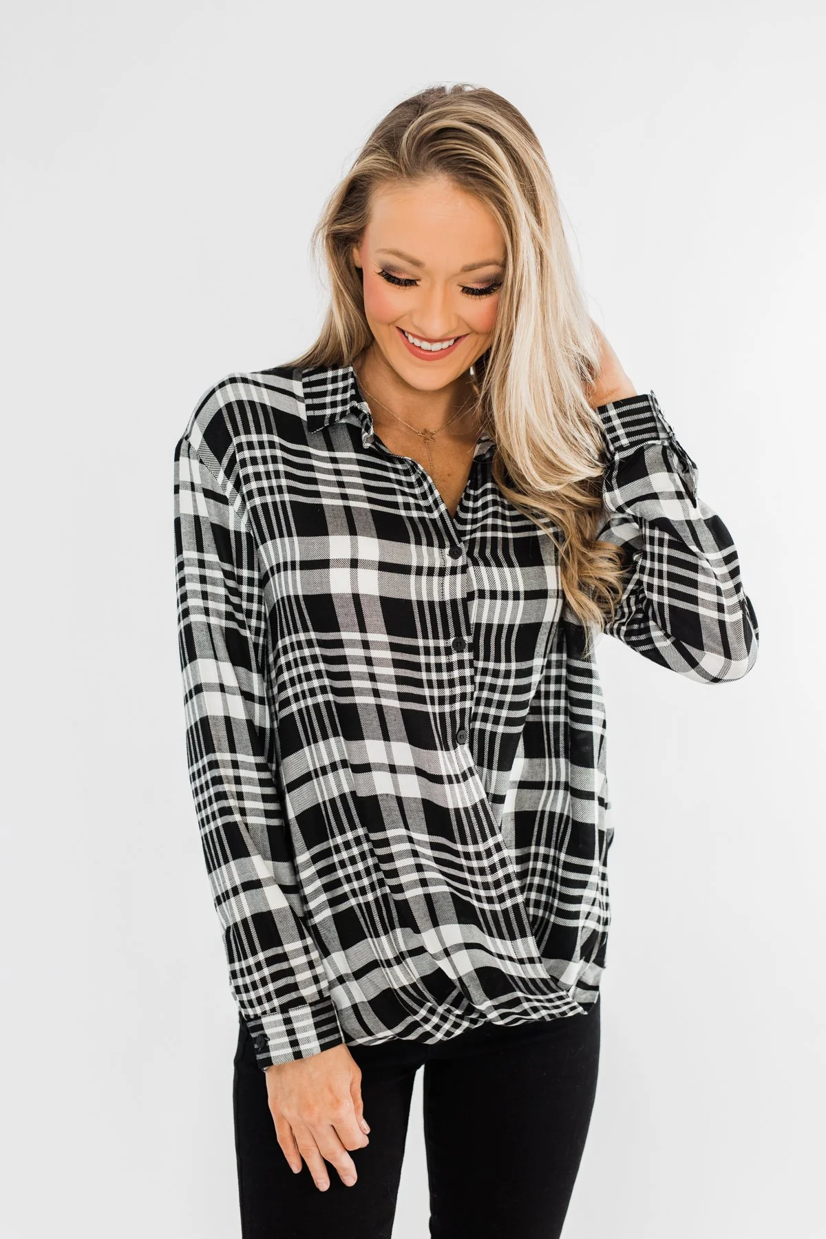 Plaid Button Down Twist Top- Black - Image 5