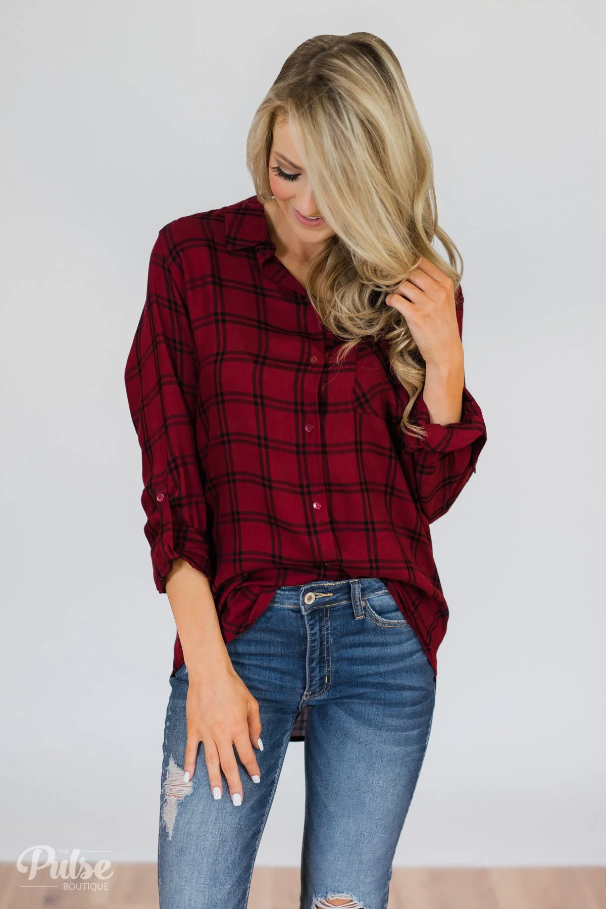 Plaid Button Up Pocket Top- Deep Red & Black - Image 7