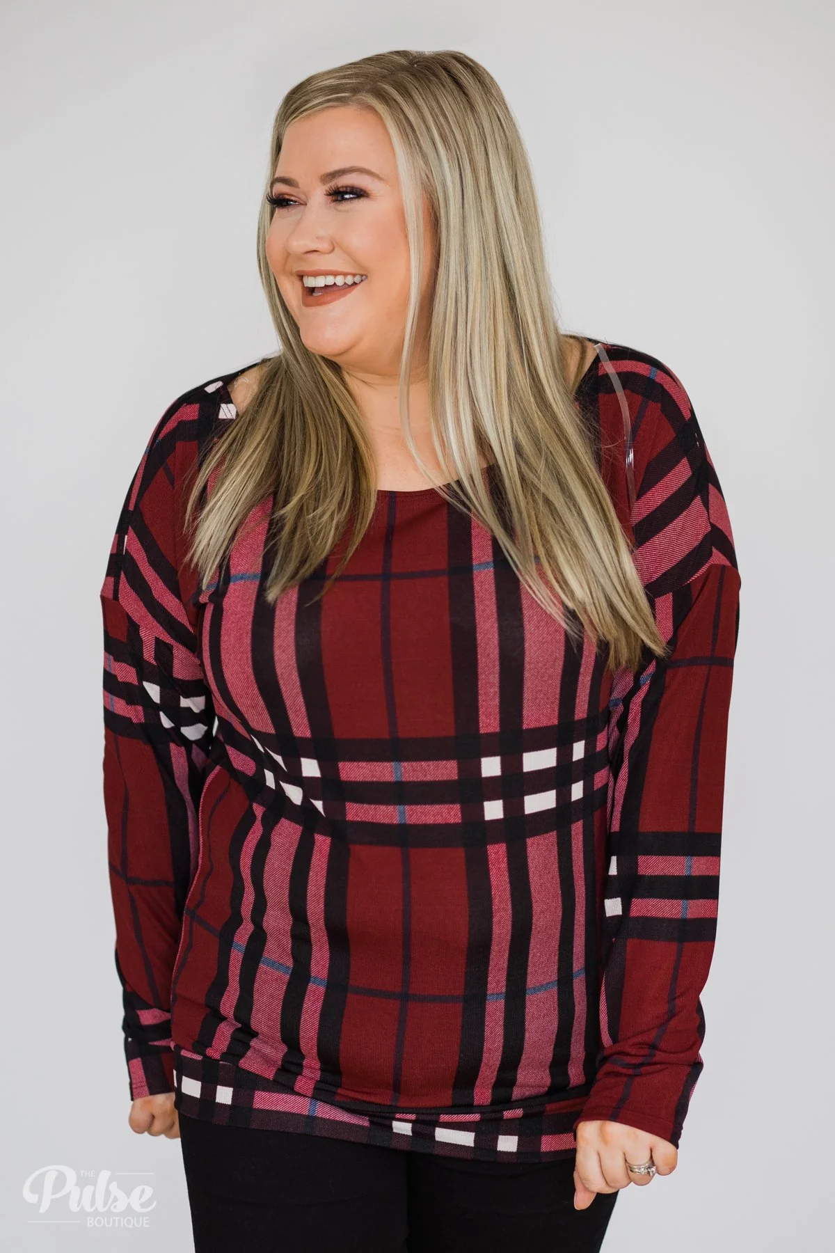 Plaid Dolman Long Sleeve Top- Burgundy - Image 5