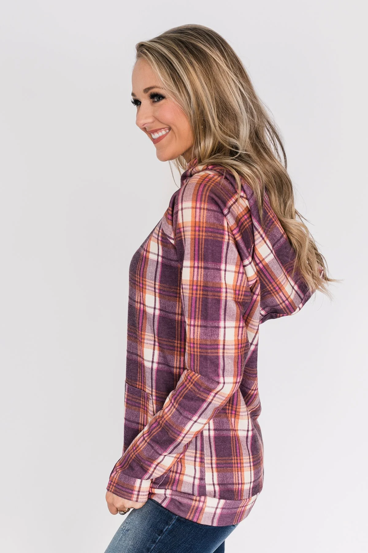 Plaid Drawstring Double Hoodie- Purple - Image 6