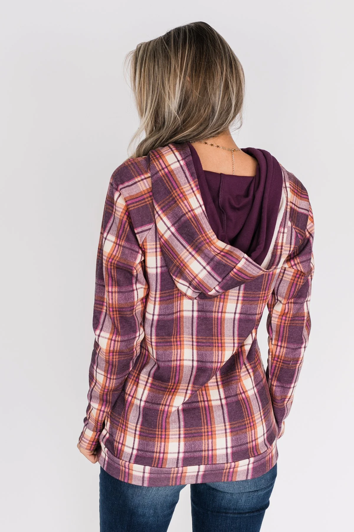 Plaid Drawstring Double Hoodie- Purple - Image 8