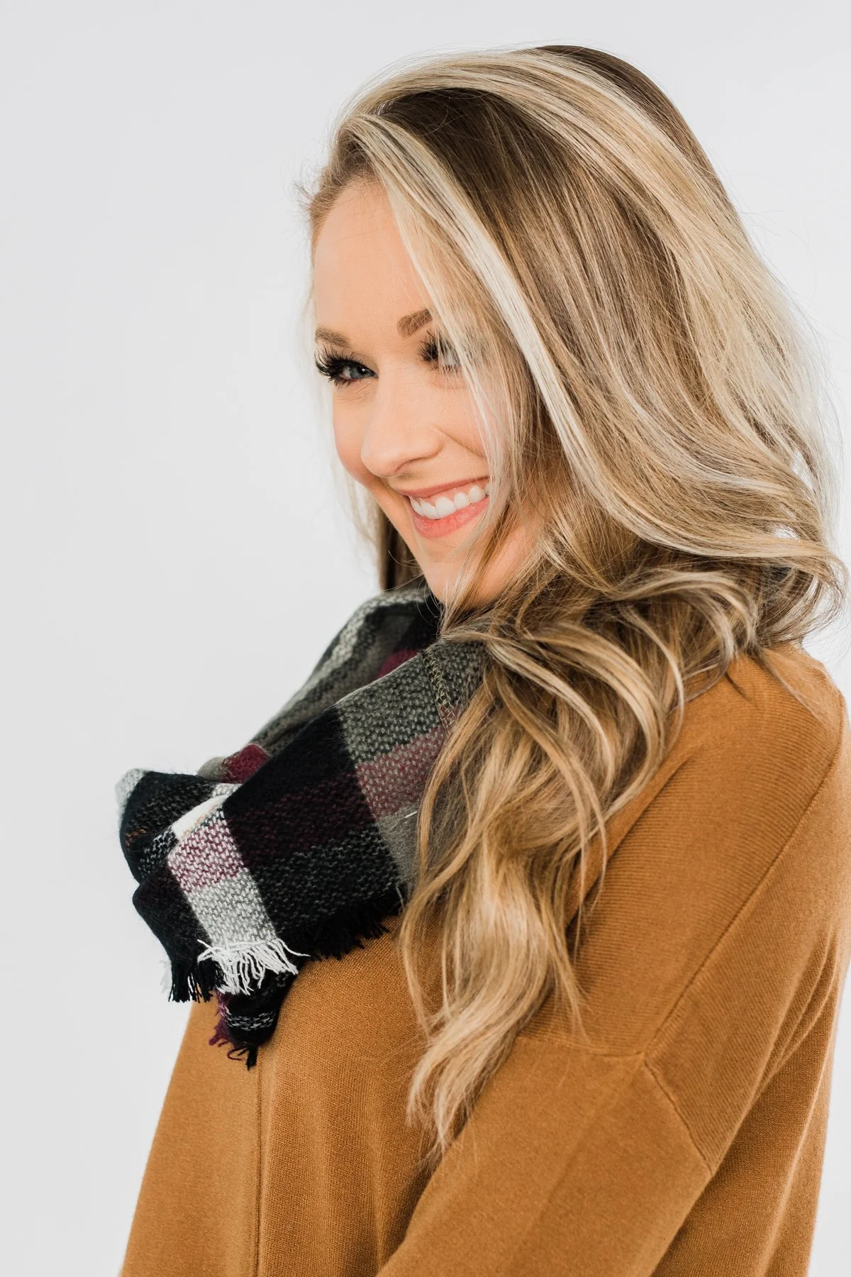 Plaid Infinity Scarf- Olive, Burgundy, & Black - Image 3