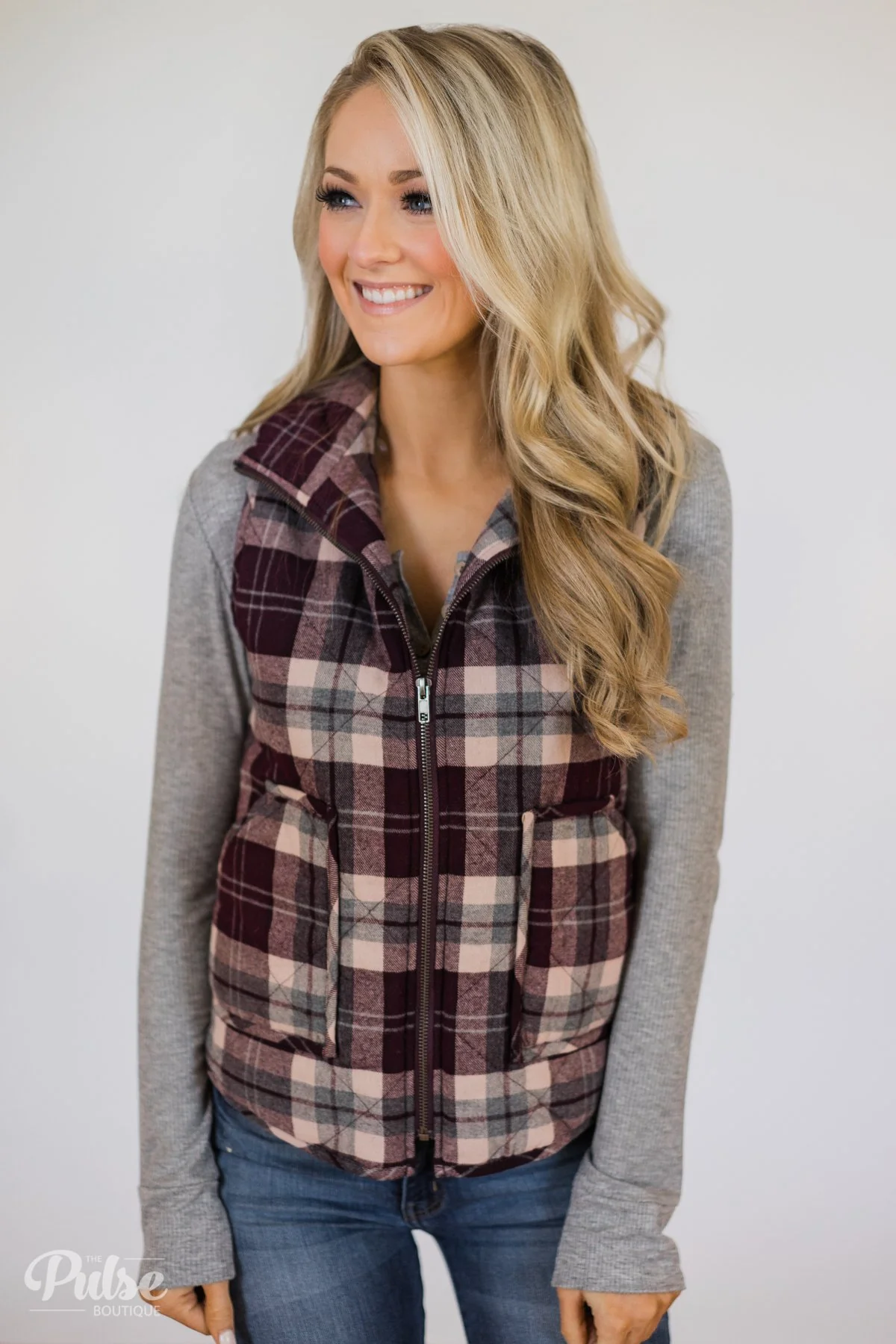 Plaid Pocket Vest- Eggplant & Grey - Image 3