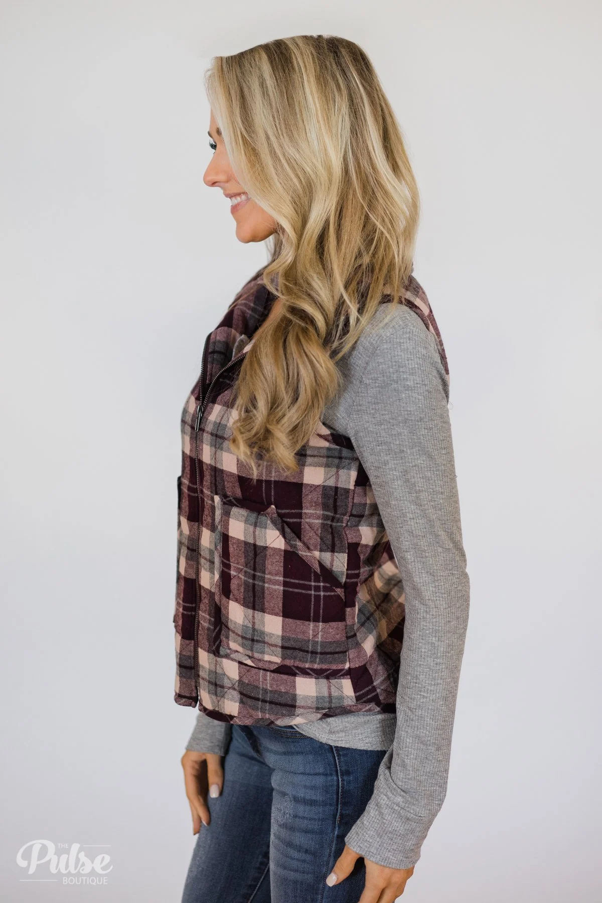 Plaid Pocket Vest- Eggplant & Grey - Image 4