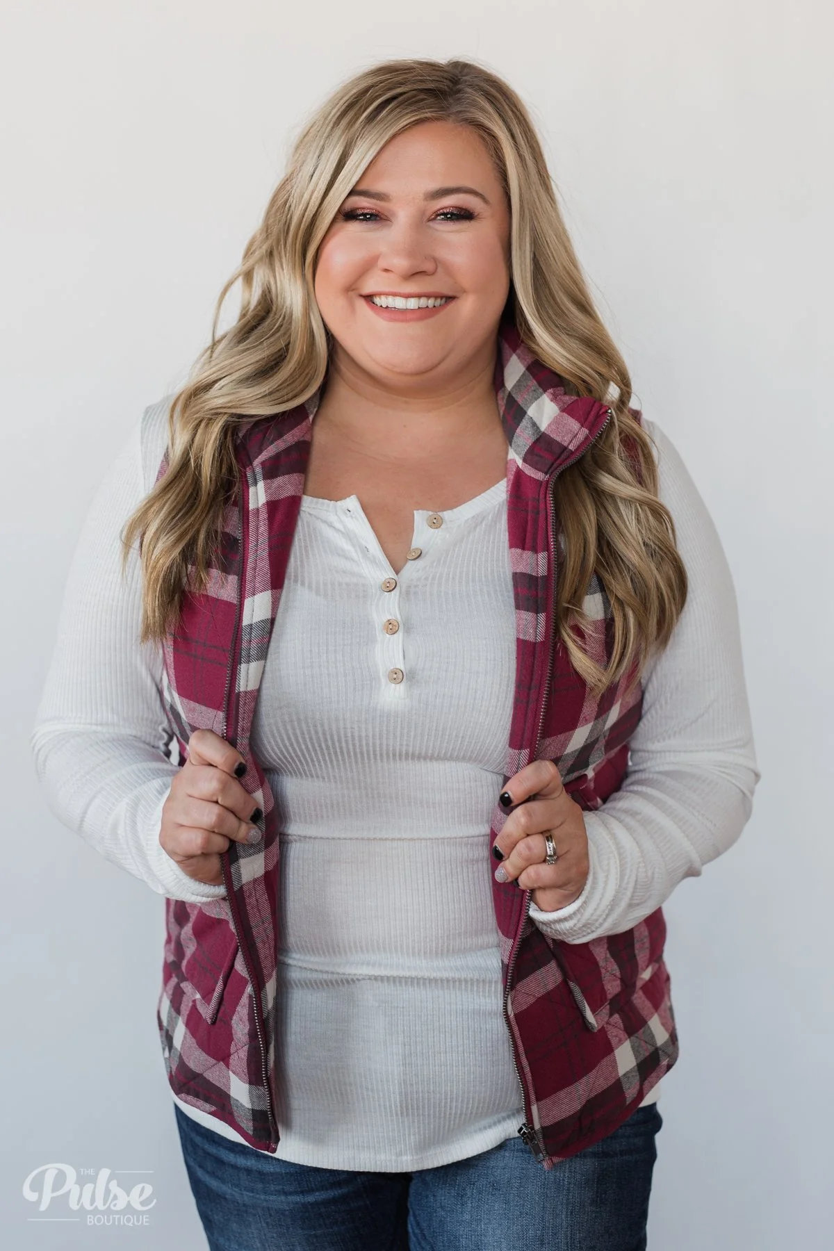 Plaid Puffer Vest - Berry - Image 2