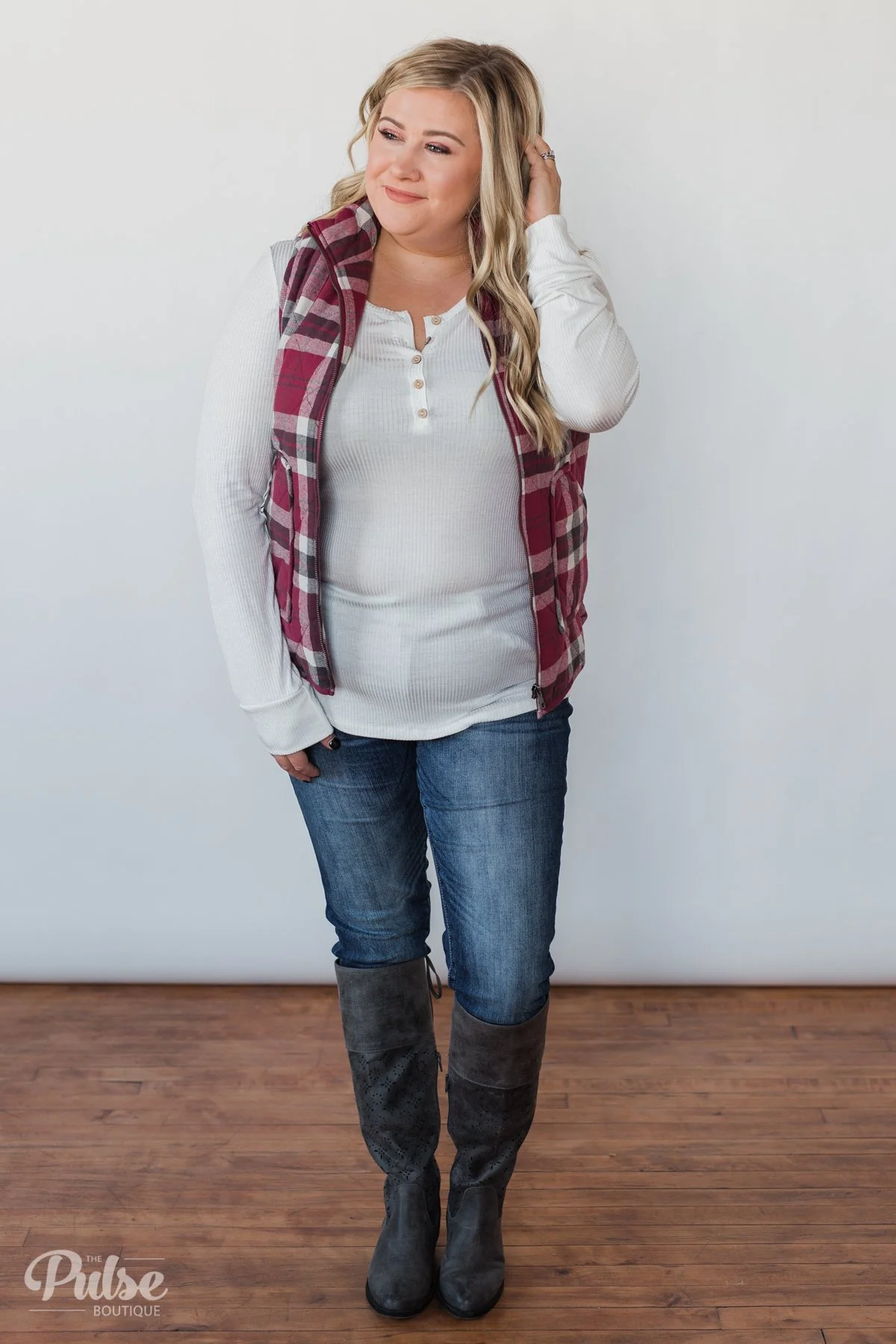 Plaid Puffer Vest - Berry - Image 4