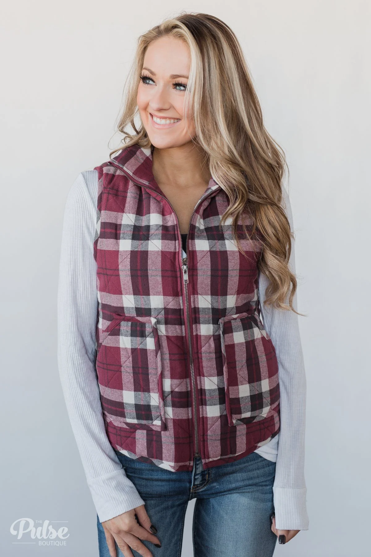 Plaid Puffer Vest - Berry - Image 5