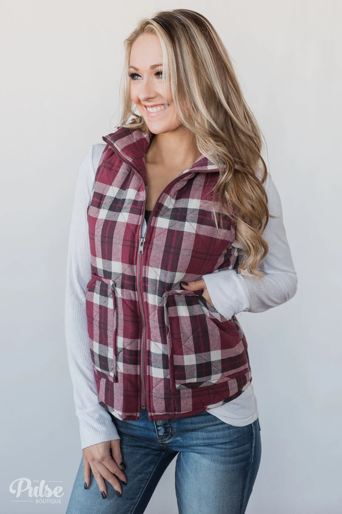 Plaid Puffer Vest - Berry - Image 6