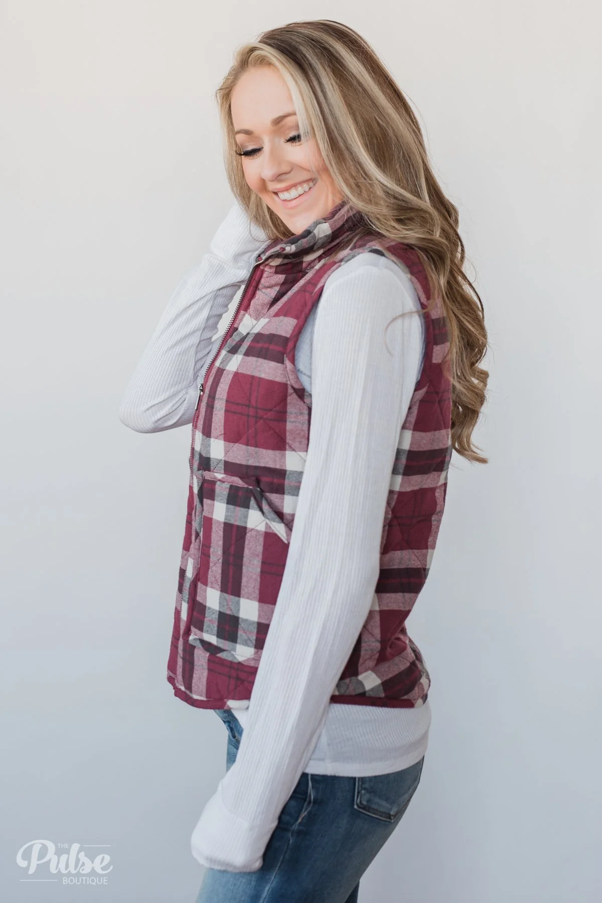 Plaid Puffer Vest - Berry - Image 7