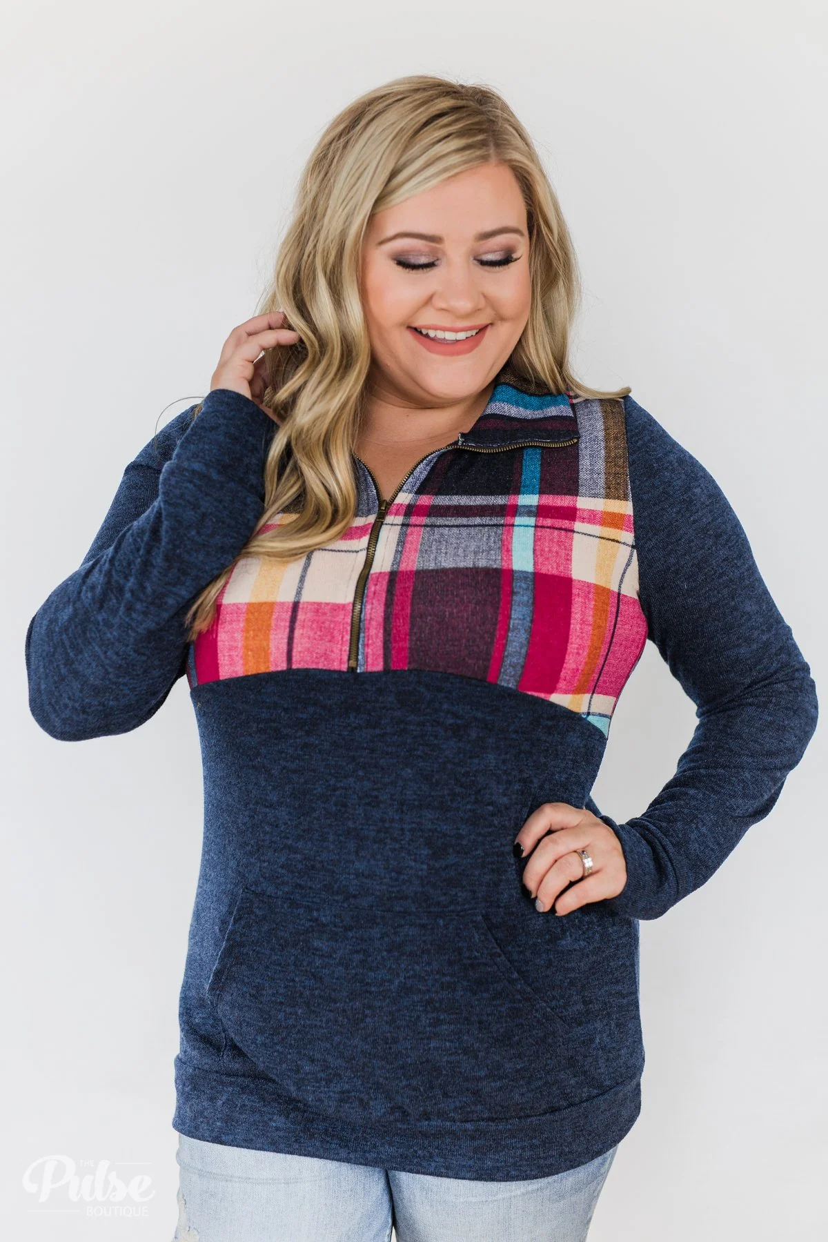 Fun in the Making Plaid Quarter Zip- Navy - Image 10