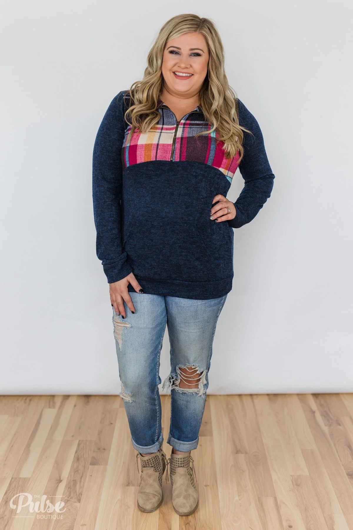 Fun in the Making Plaid Quarter Zip- Navy - Image 3