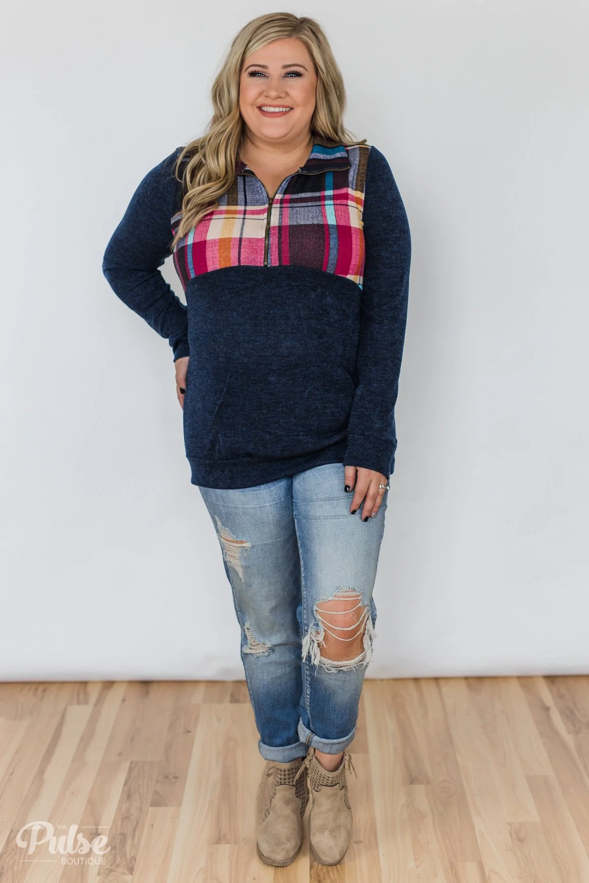 Fun in the Making Plaid Quarter Zip- Navy - Image 4
