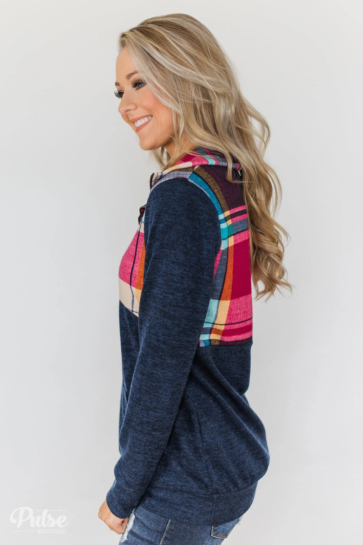 Fun in the Making Plaid Quarter Zip- Navy - Image 7