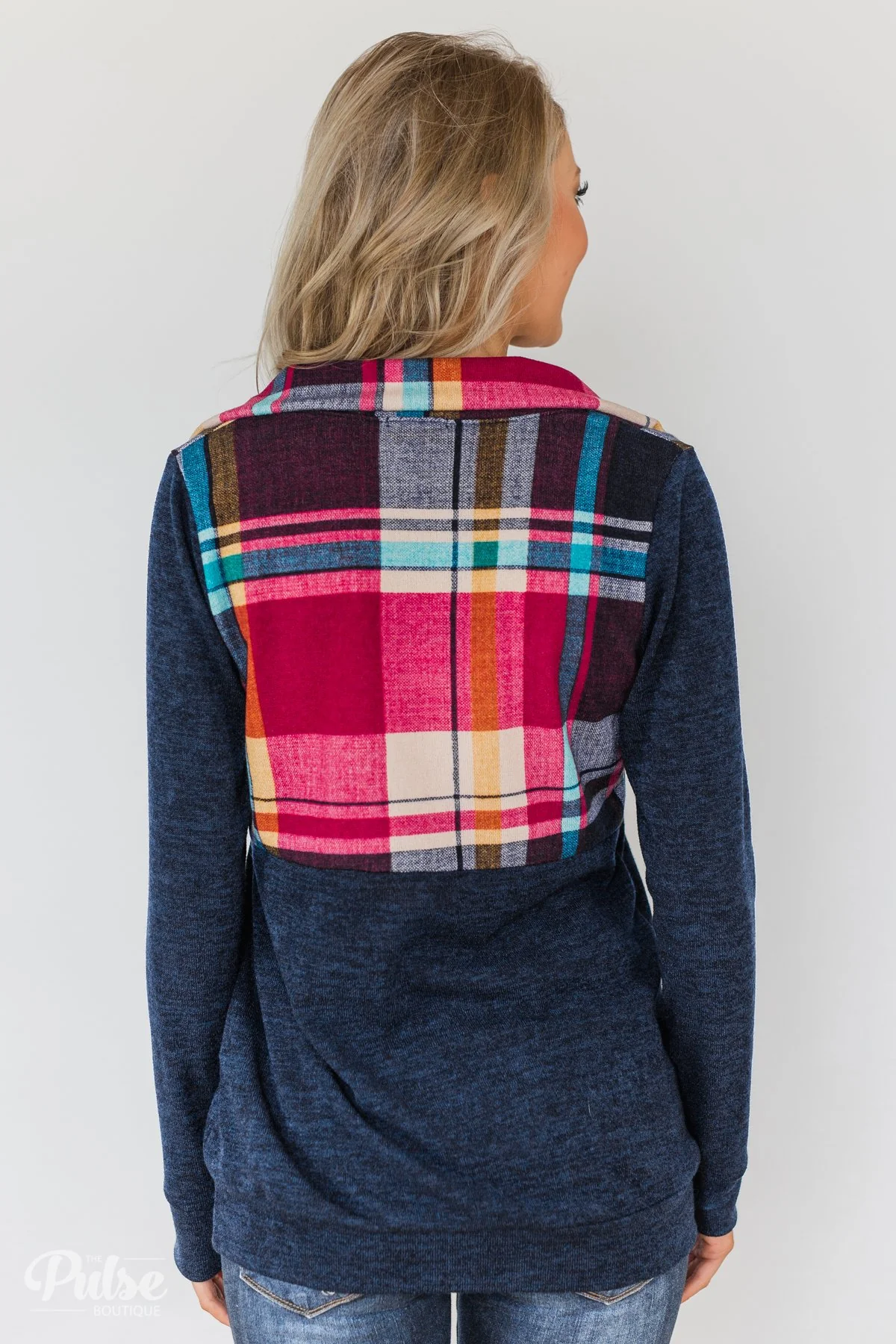 Fun in the Making Plaid Quarter Zip- Navy - Image 9