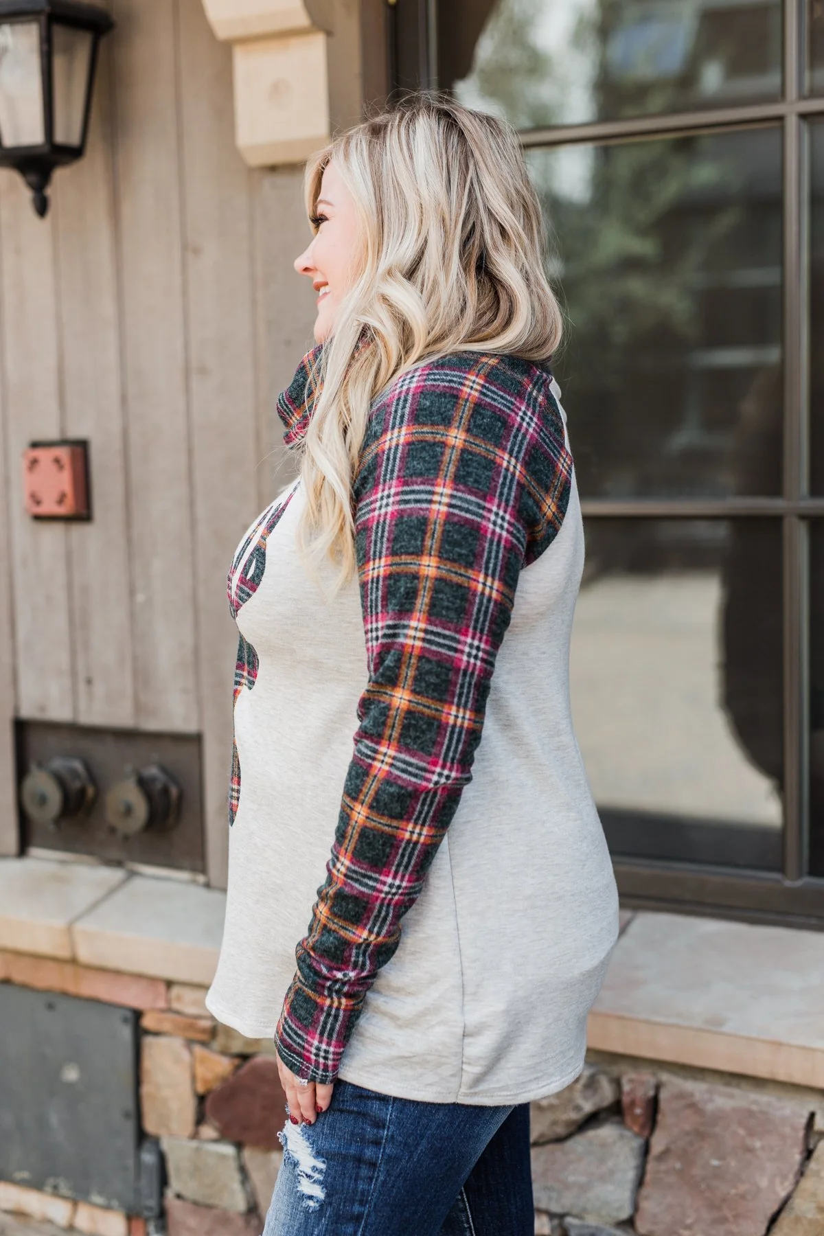 Plaid Reindeer Cowl Neck Top- Oatmeal & Green - Image 10