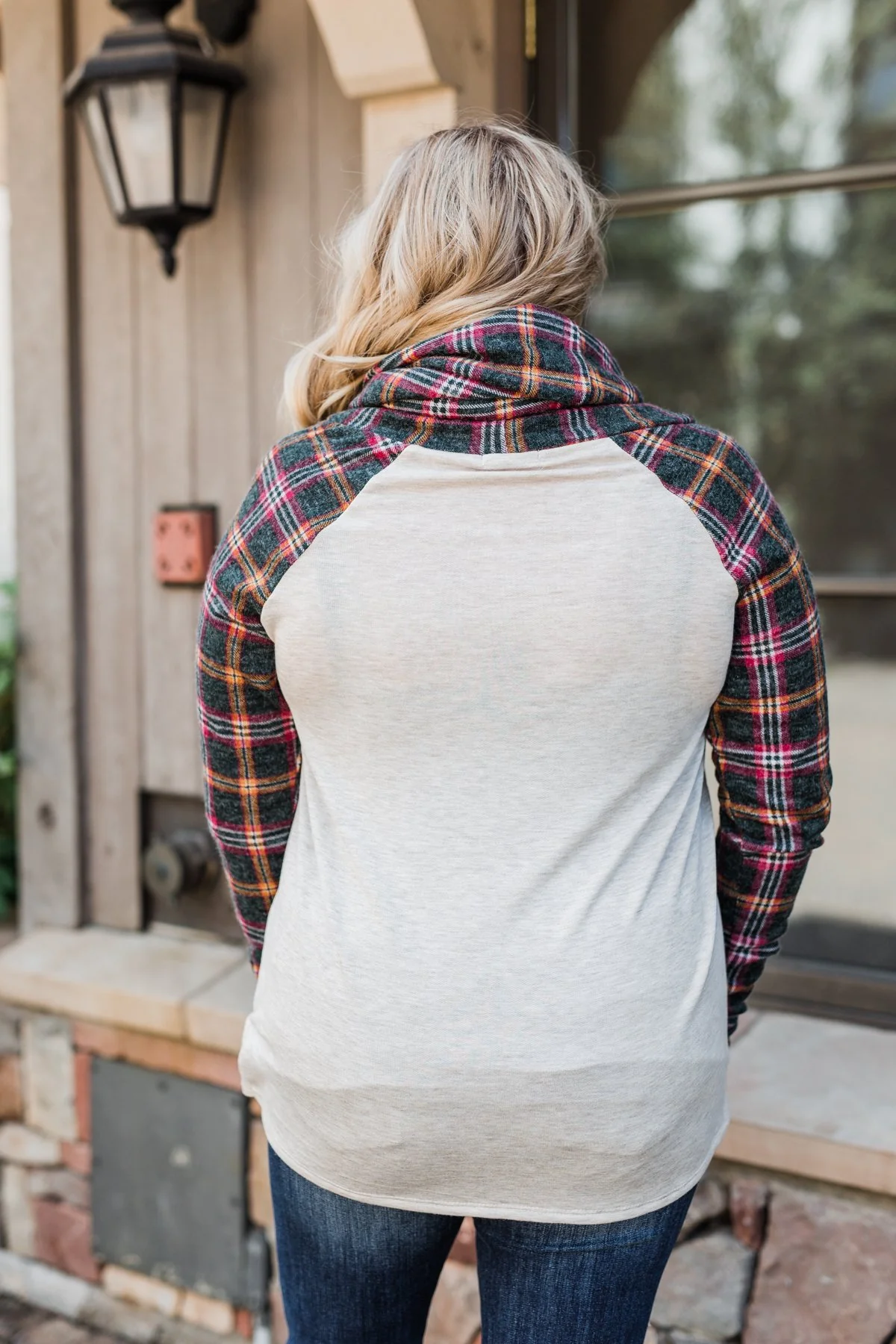 Plaid Reindeer Cowl Neck Top- Oatmeal & Green - Image 12