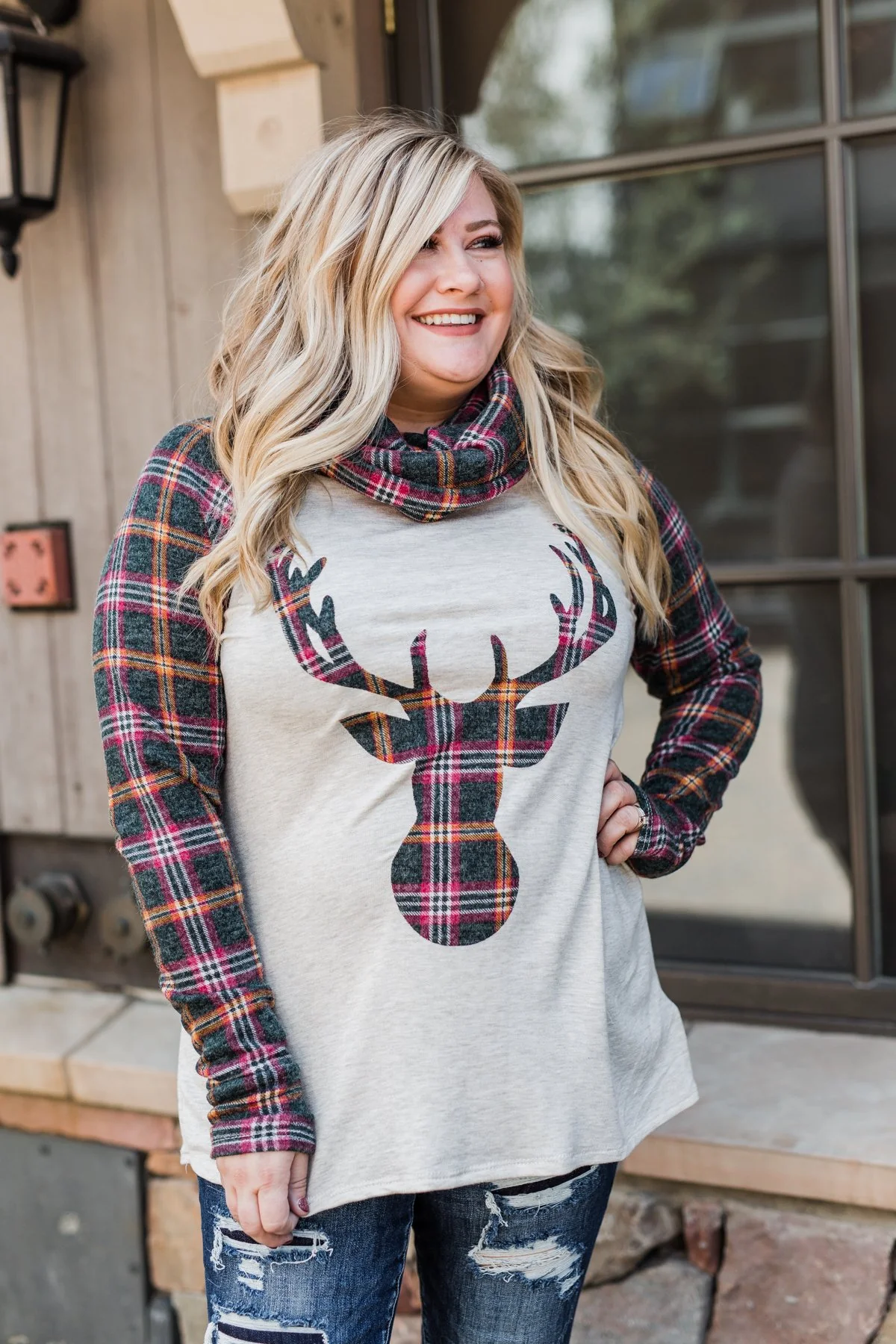 Plaid Reindeer Cowl Neck Top- Oatmeal & Green - Image 3