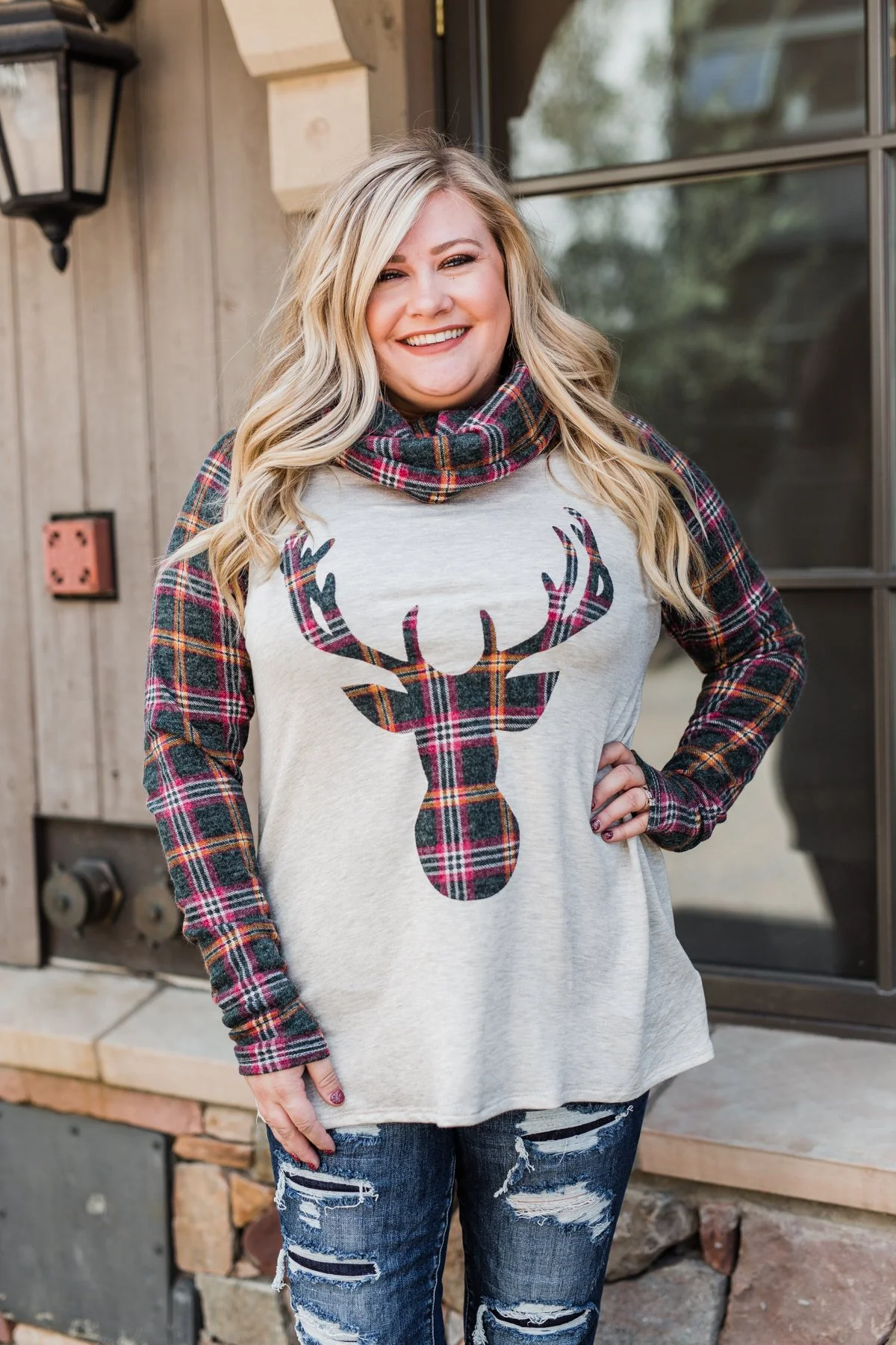 Plaid Reindeer Cowl Neck Top- Oatmeal & Green - Image 5