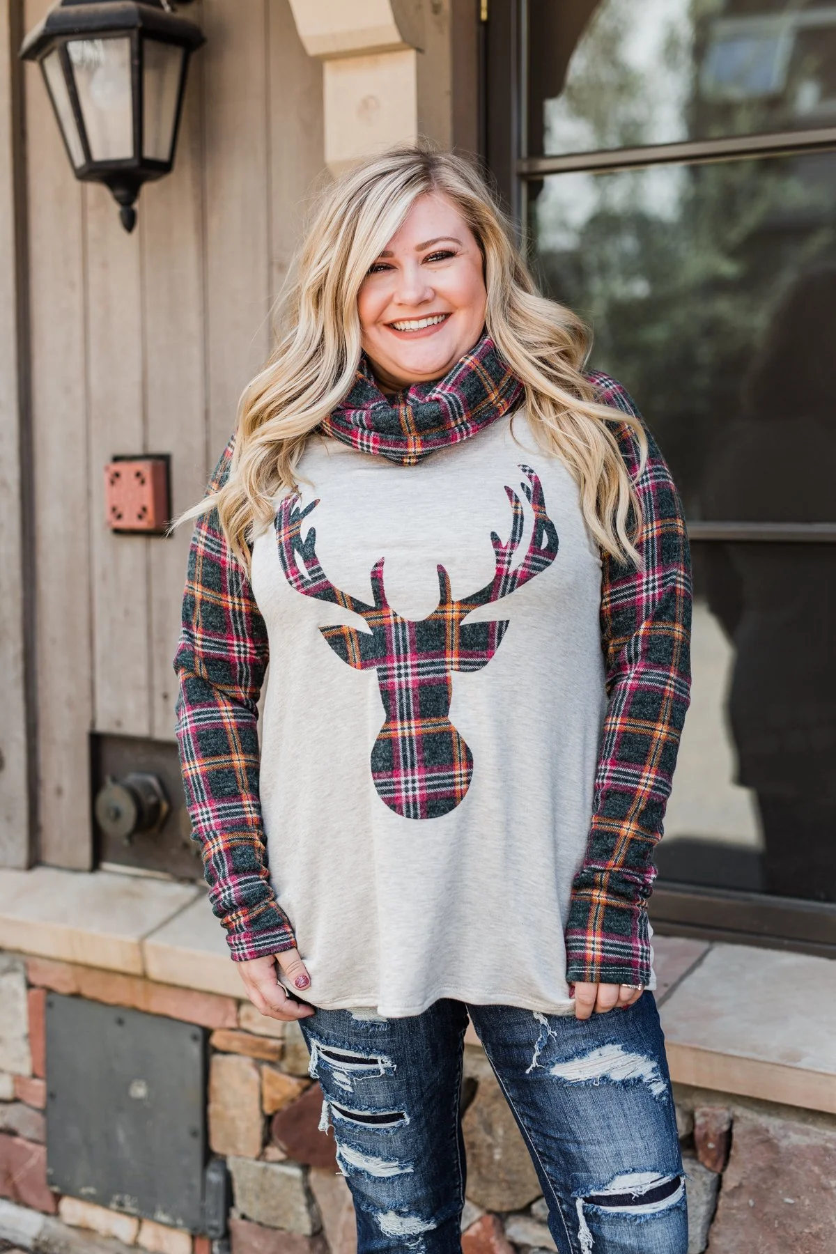 Plaid Reindeer Cowl Neck Top- Oatmeal & Green - Image 6
