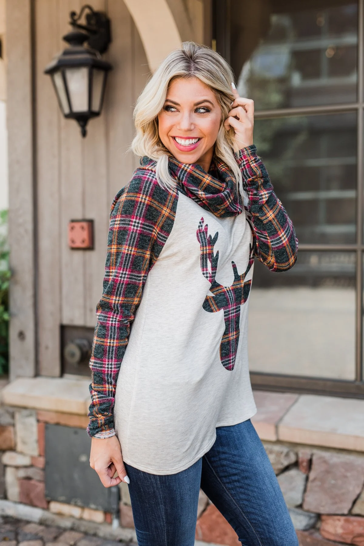 Plaid Reindeer Cowl Neck Top- Oatmeal & Green - Image 7