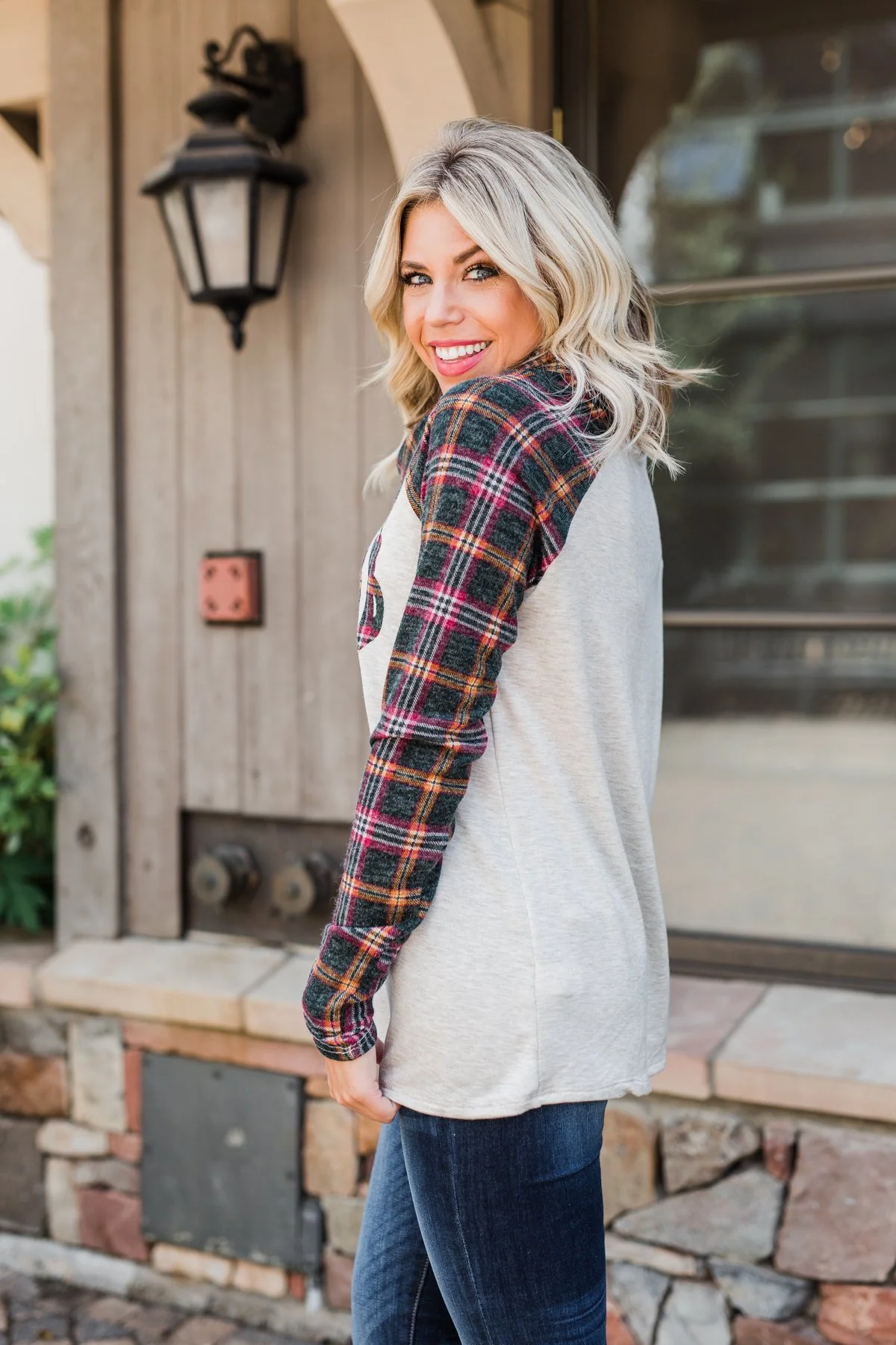 Plaid Reindeer Cowl Neck Top- Oatmeal & Green - Image 9