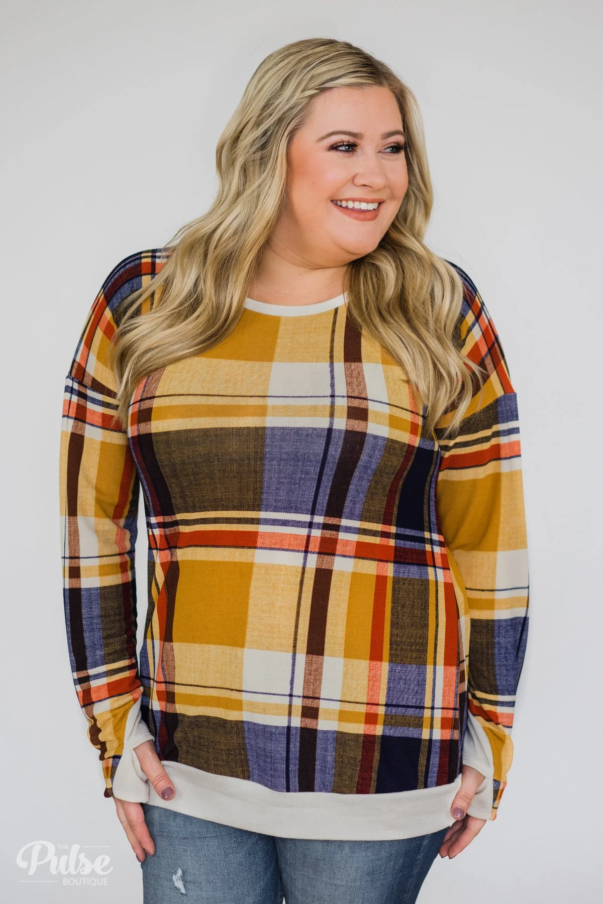 Plaid Thumb Hole Crew Neck Top- Mustard - Image 2