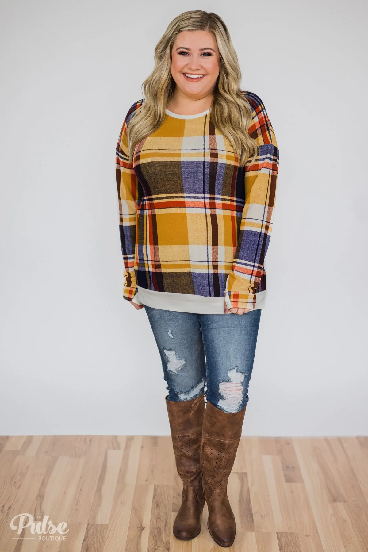 Plaid Thumb Hole Crew Neck Top- Mustard - Image 4