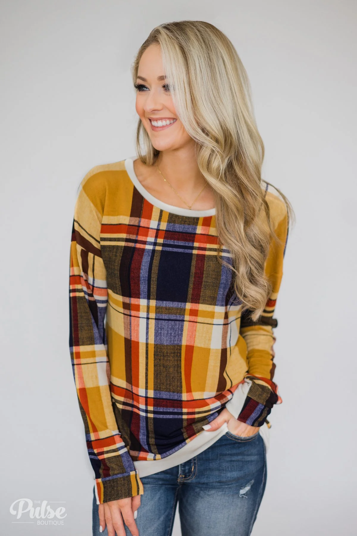 Plaid Thumb Hole Crew Neck Top- Mustard - Image 5