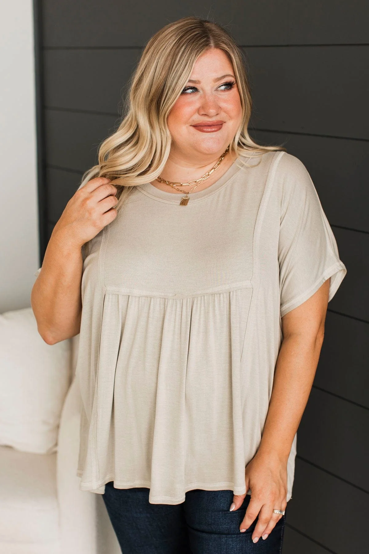 Play Your Cards Right Short Sleeve Top- Light Taupe