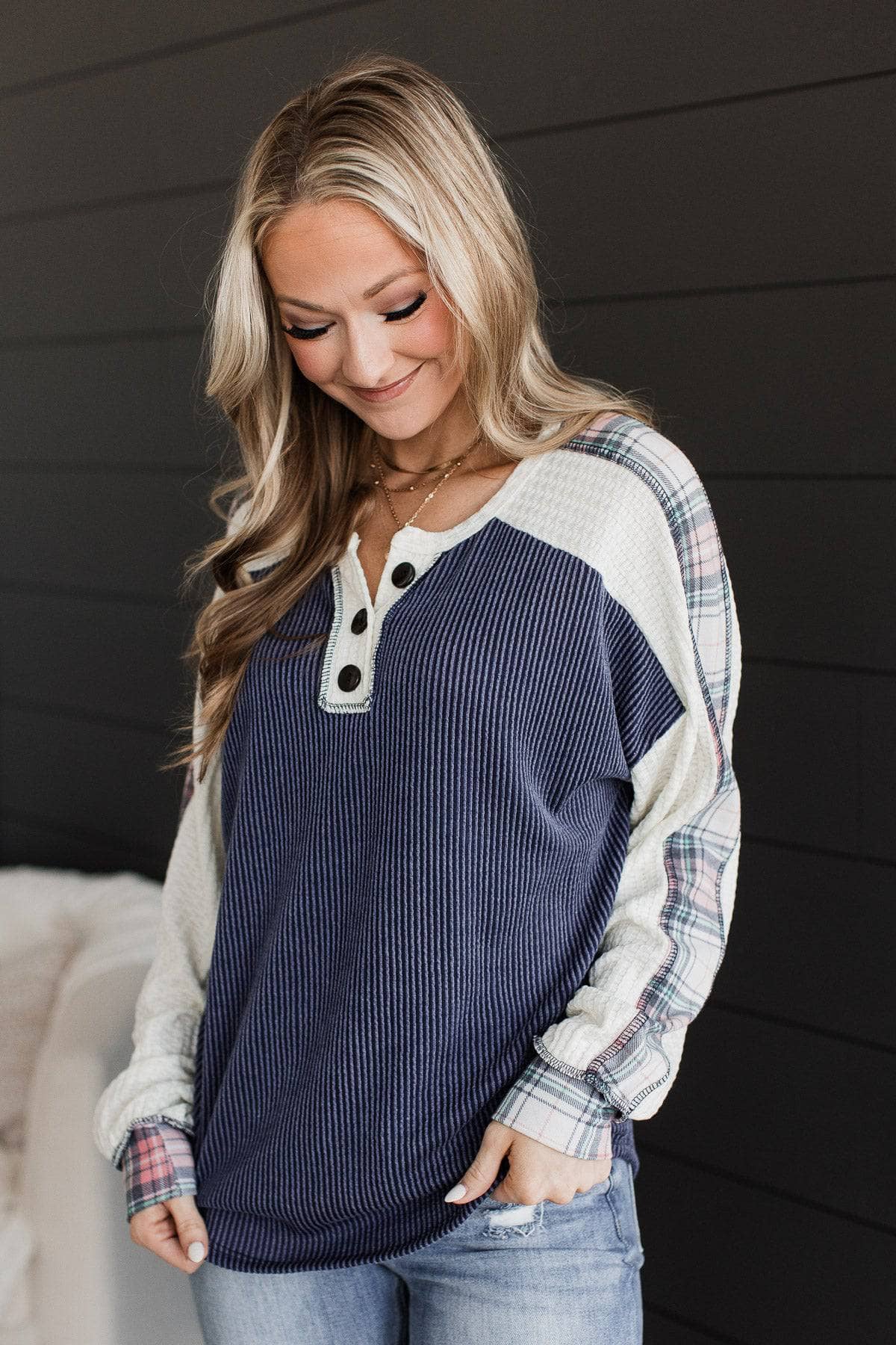 Playful Feelings Fabric Block Top- Dark Denim Blue