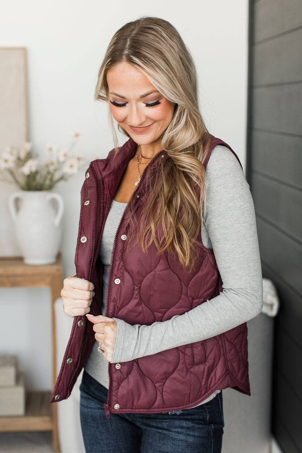 Playful Moments Quilted Puffer Vest- Burgundy