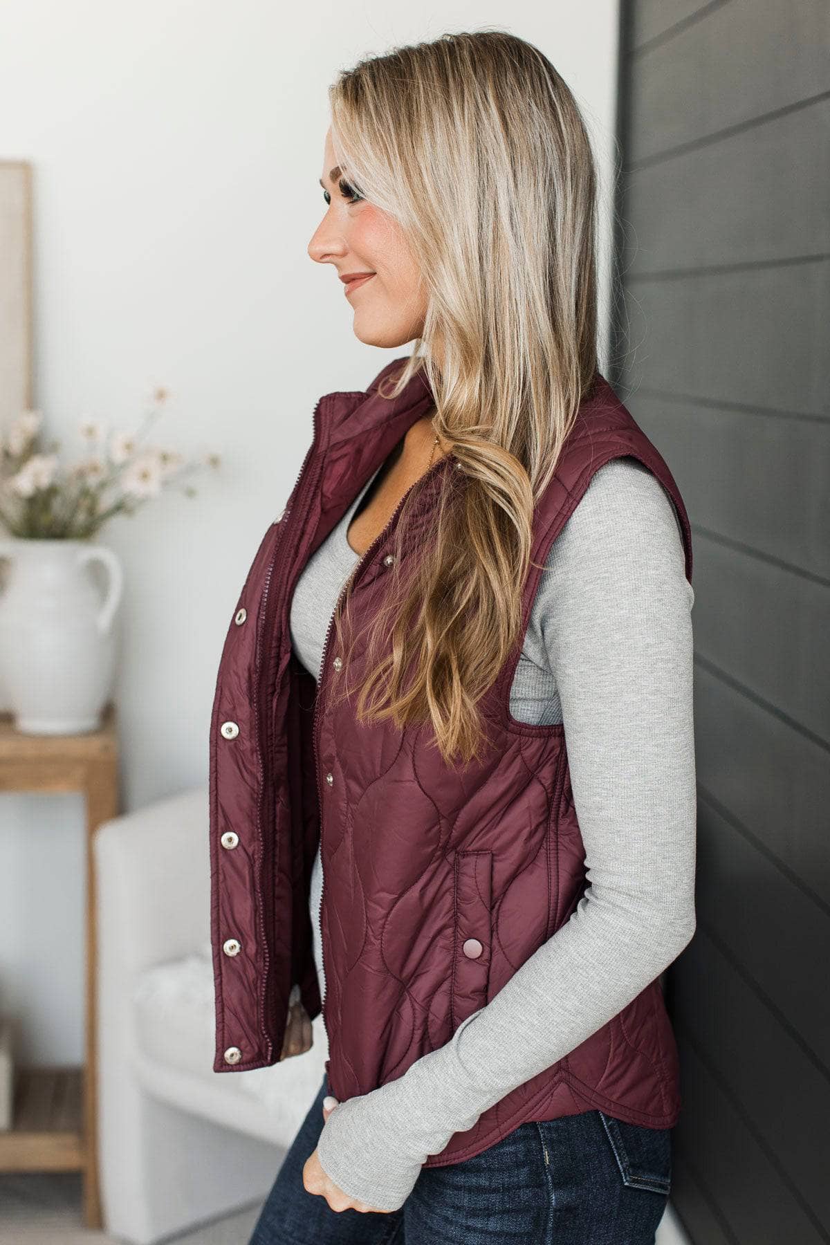 Playful Moments Quilted Puffer Vest- Burgundy - Image 5