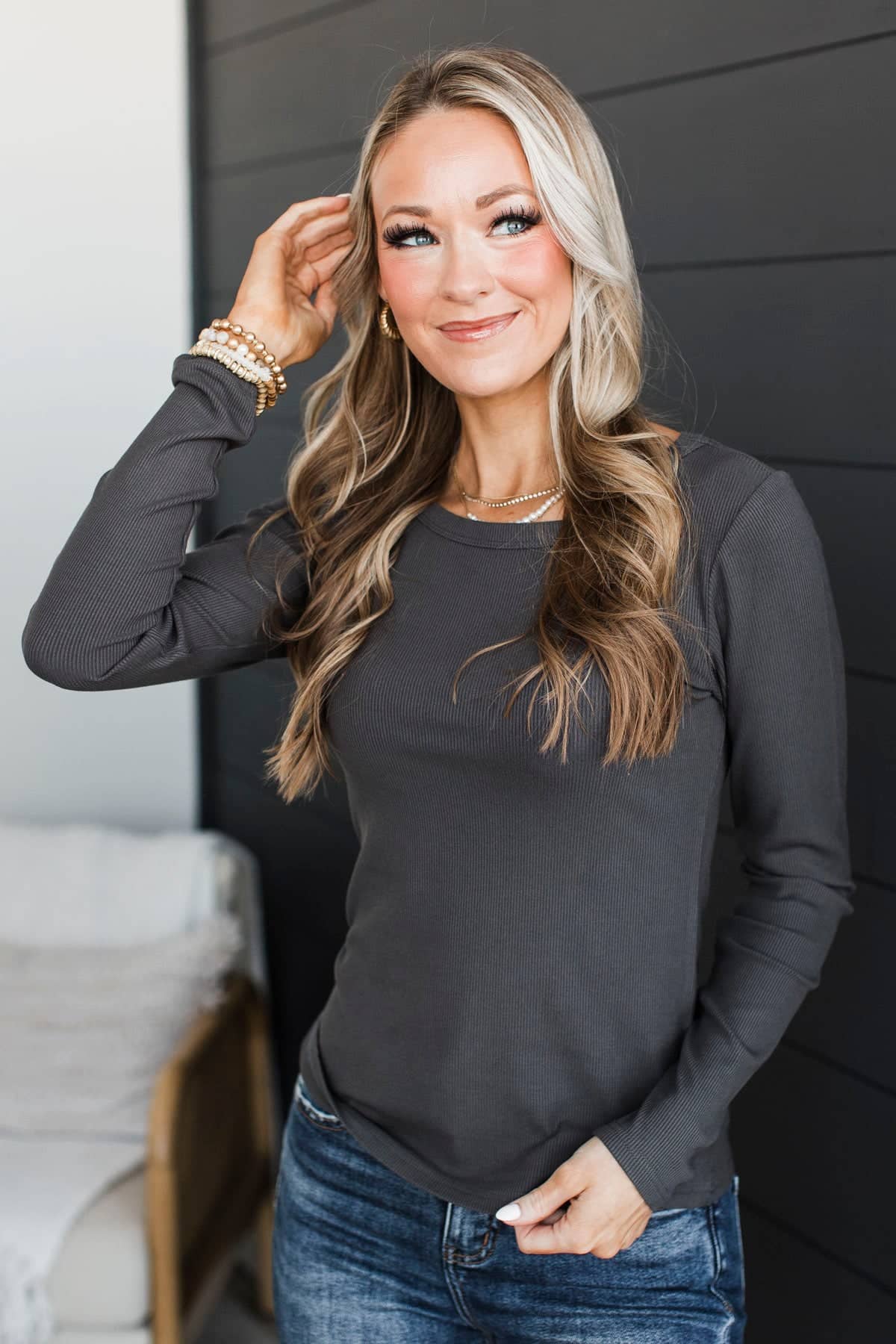 Playing Along Long Sleeve Ribbed Top- Charcoal - Image 3