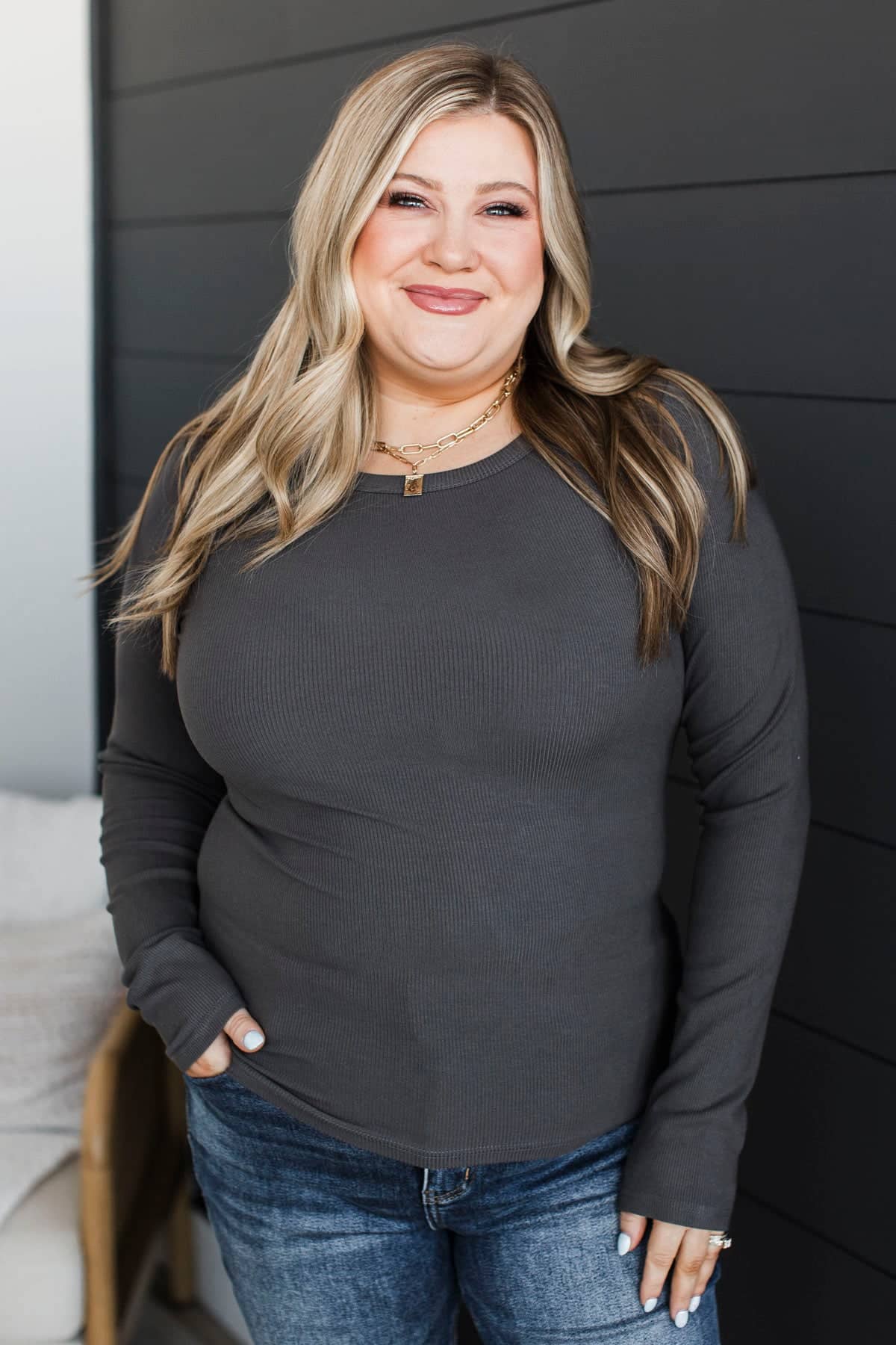 Playing Along Long Sleeve Ribbed Top- Charcoal - Image 4