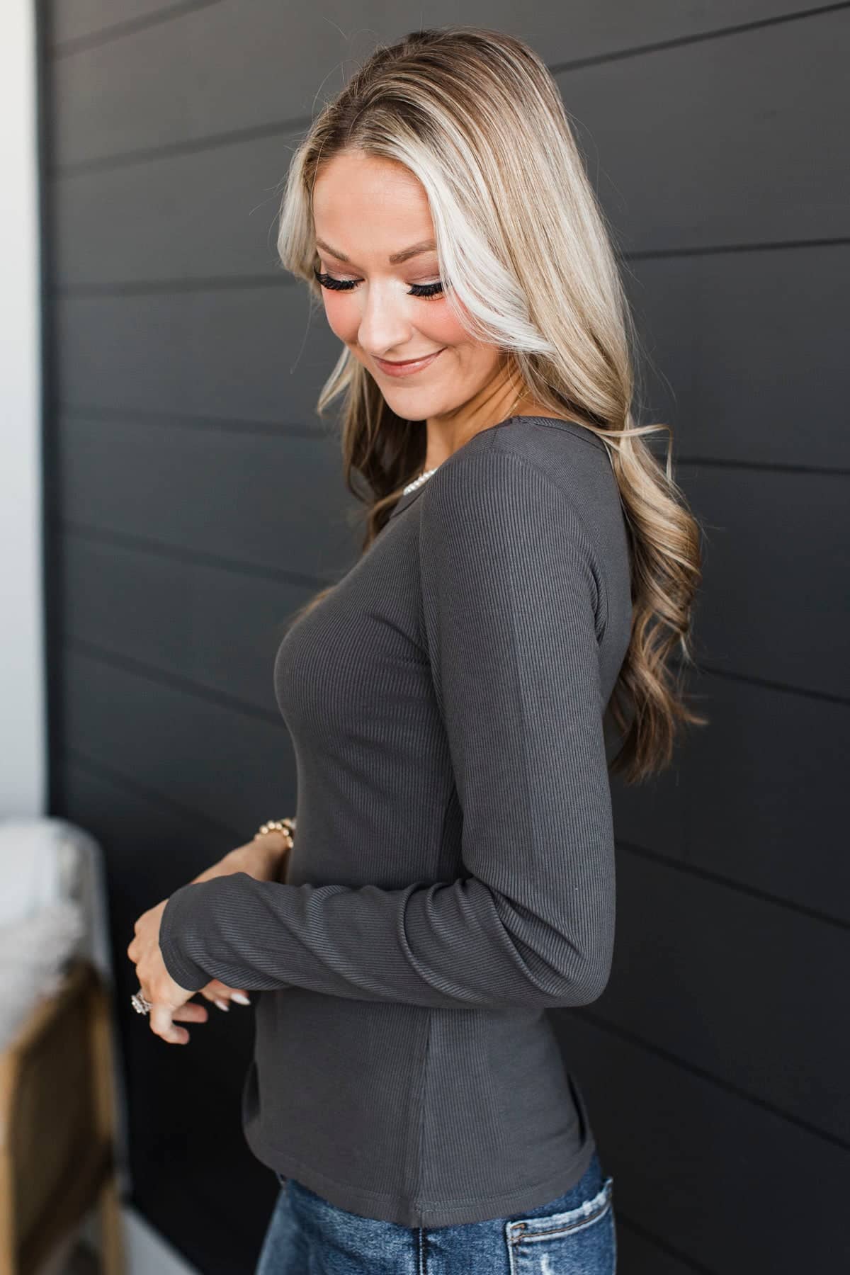 Playing Along Long Sleeve Ribbed Top- Charcoal - Image 5