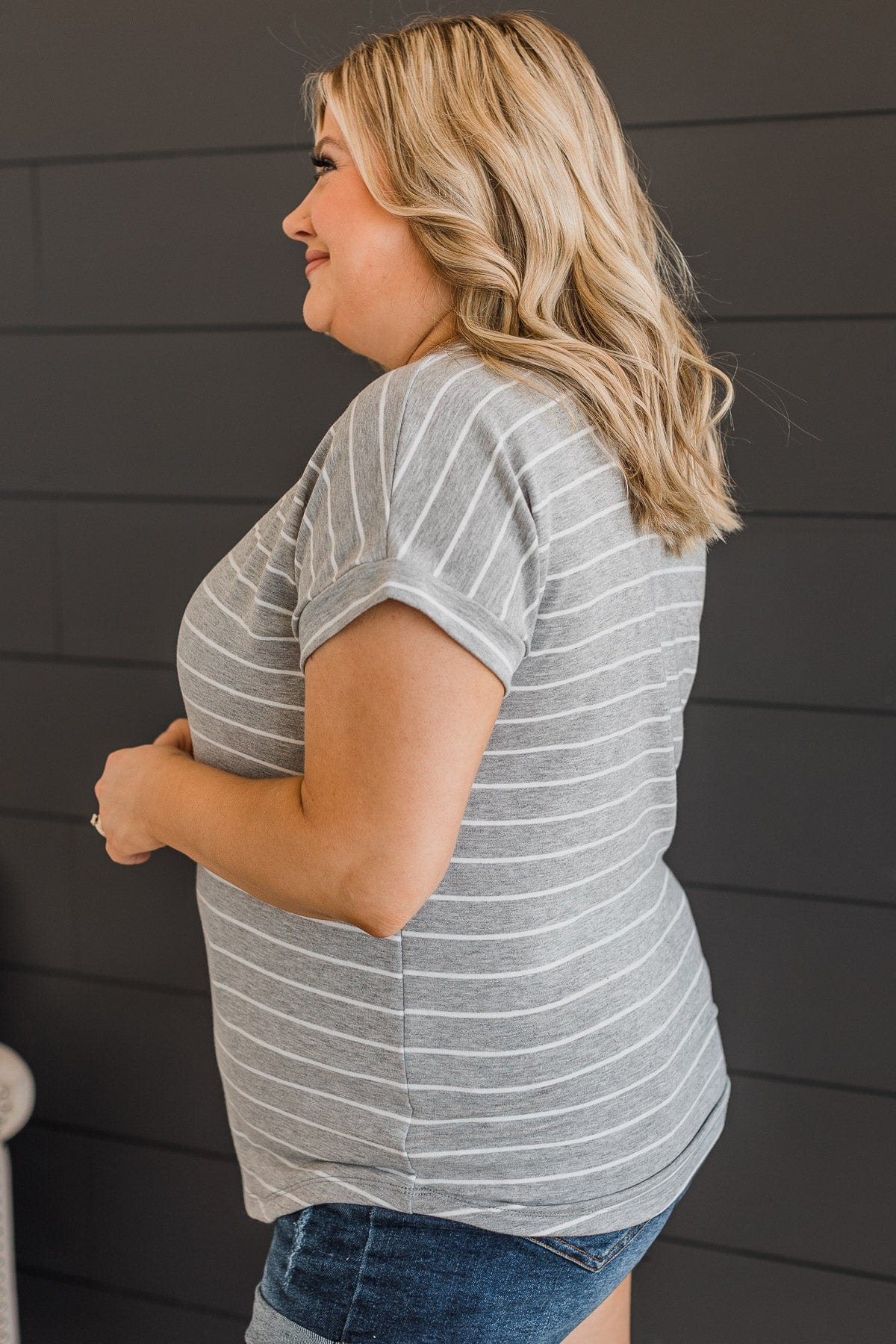 Playing Favorites Striped Top- Heather Grey & Ivory - Image 5