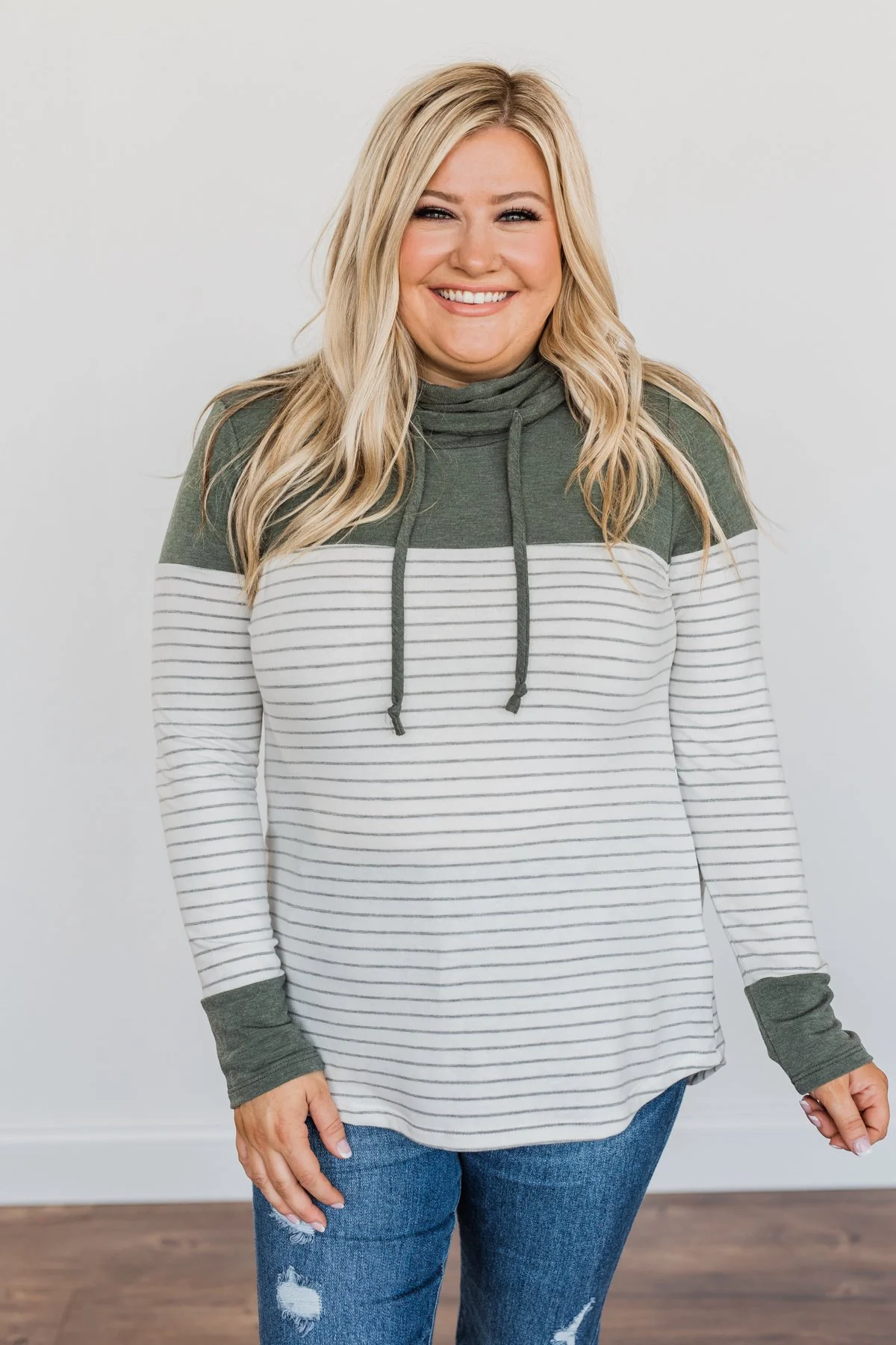 Playing For Keeps Cowl Neck Top- Olive & Off-White - Image 2