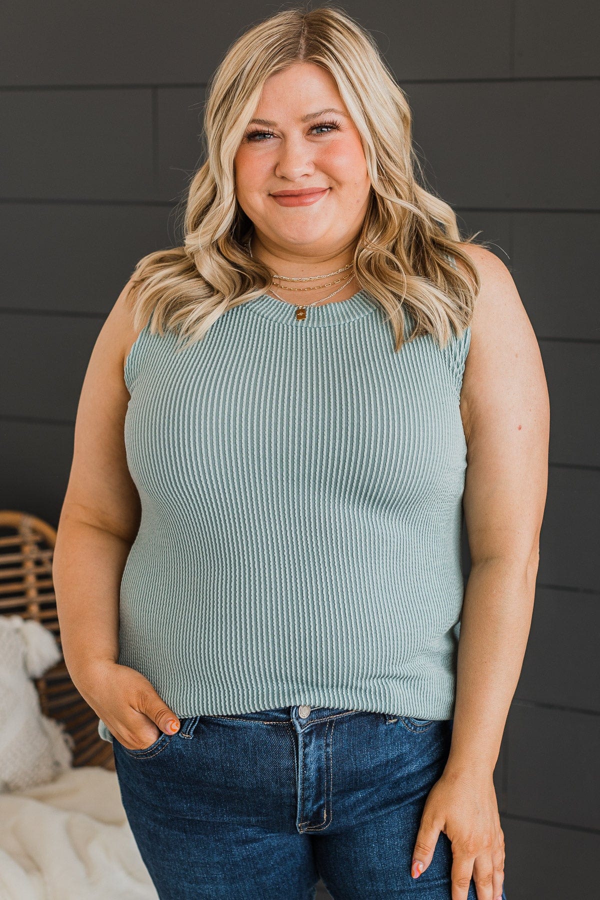 Playing It Cool Knit Tank Top- Dusty Blue - Image 3