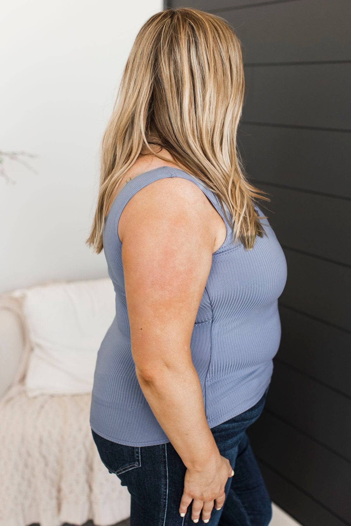 Playing With Style Notched Tank Top- Dusty Blue - Image 4
