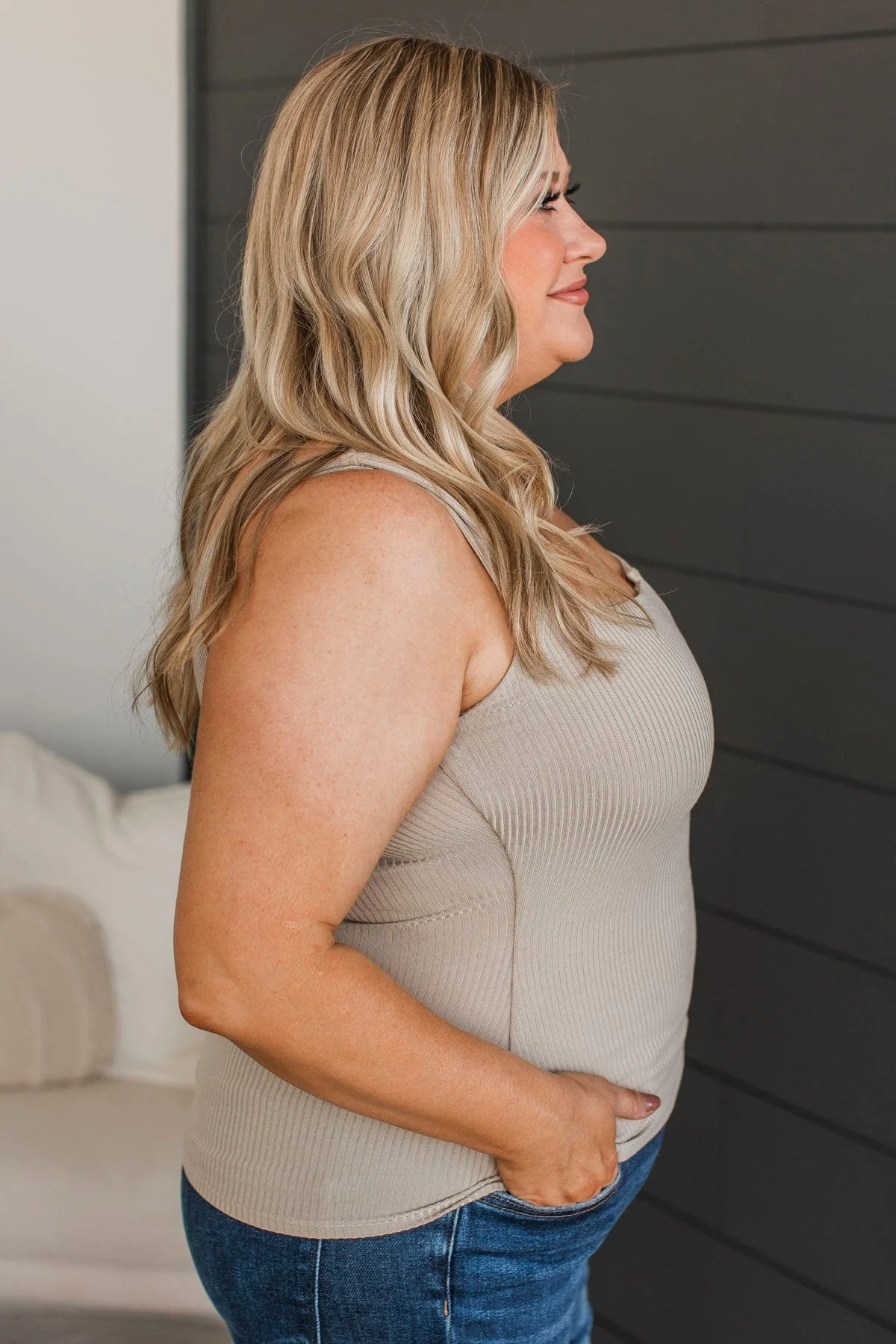 Playing With Style Notched Tank Top- Soft Taupe - Image 6