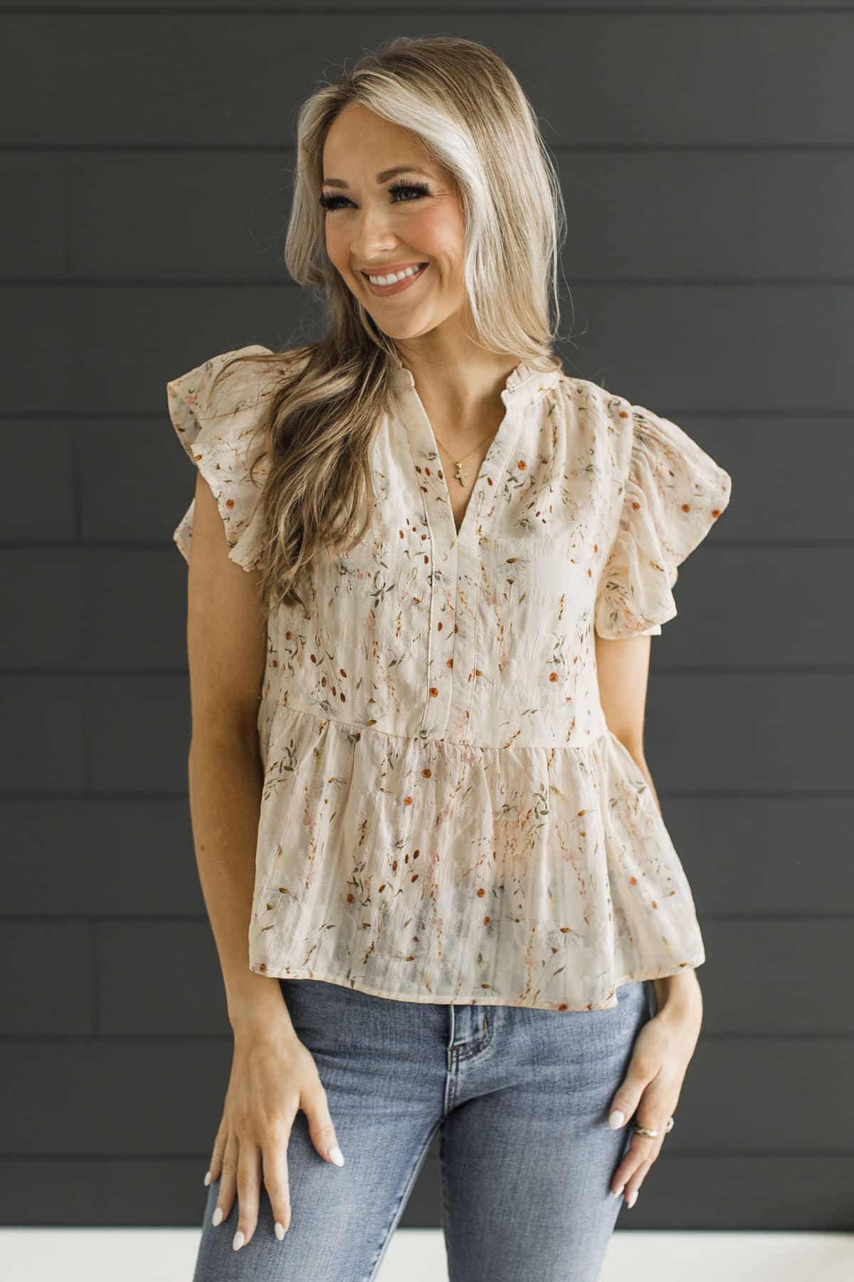 Pleasant Moments Floral Peplum Blouse- Cream - Image 5